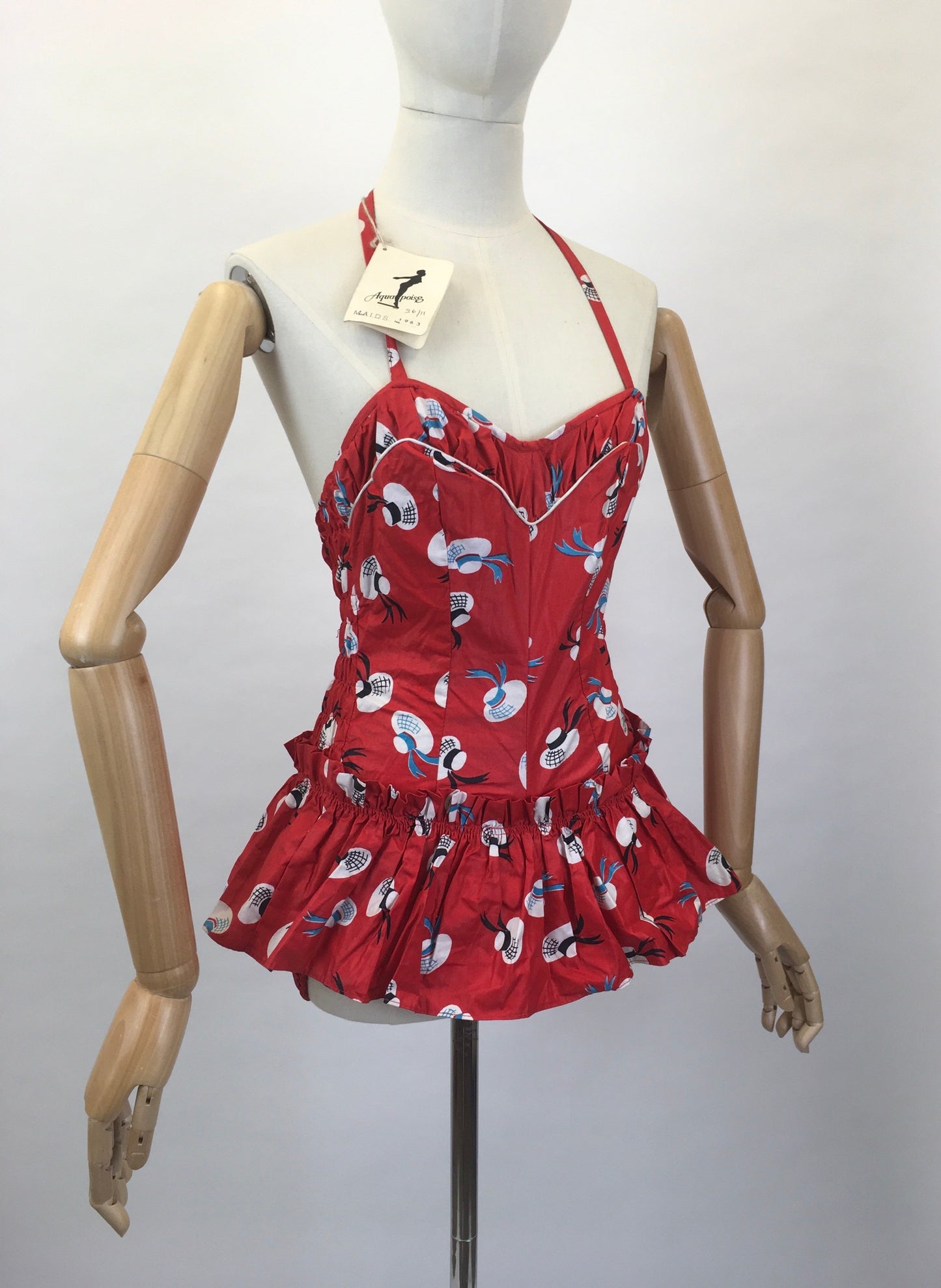 Original 1950s early 1960’s Deadstock ‘ Aquapoise’ Novelty Swimsuit - In a Fabulous Hat Print on Lipstick Red Cotton