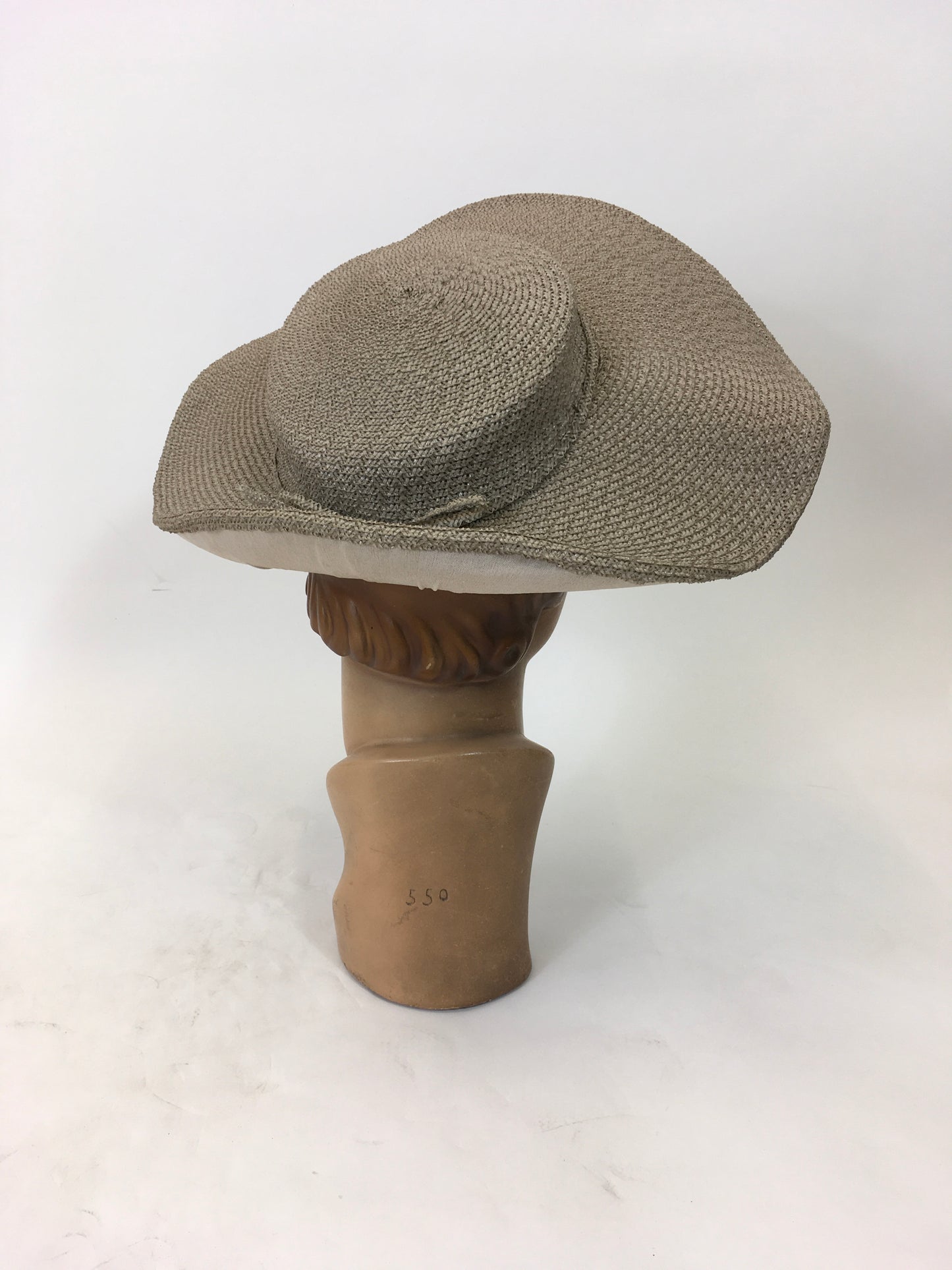 Original 1940's Fabulous Woven Raffia Hat - In A Soft Mushroom With Back Bow Detailing