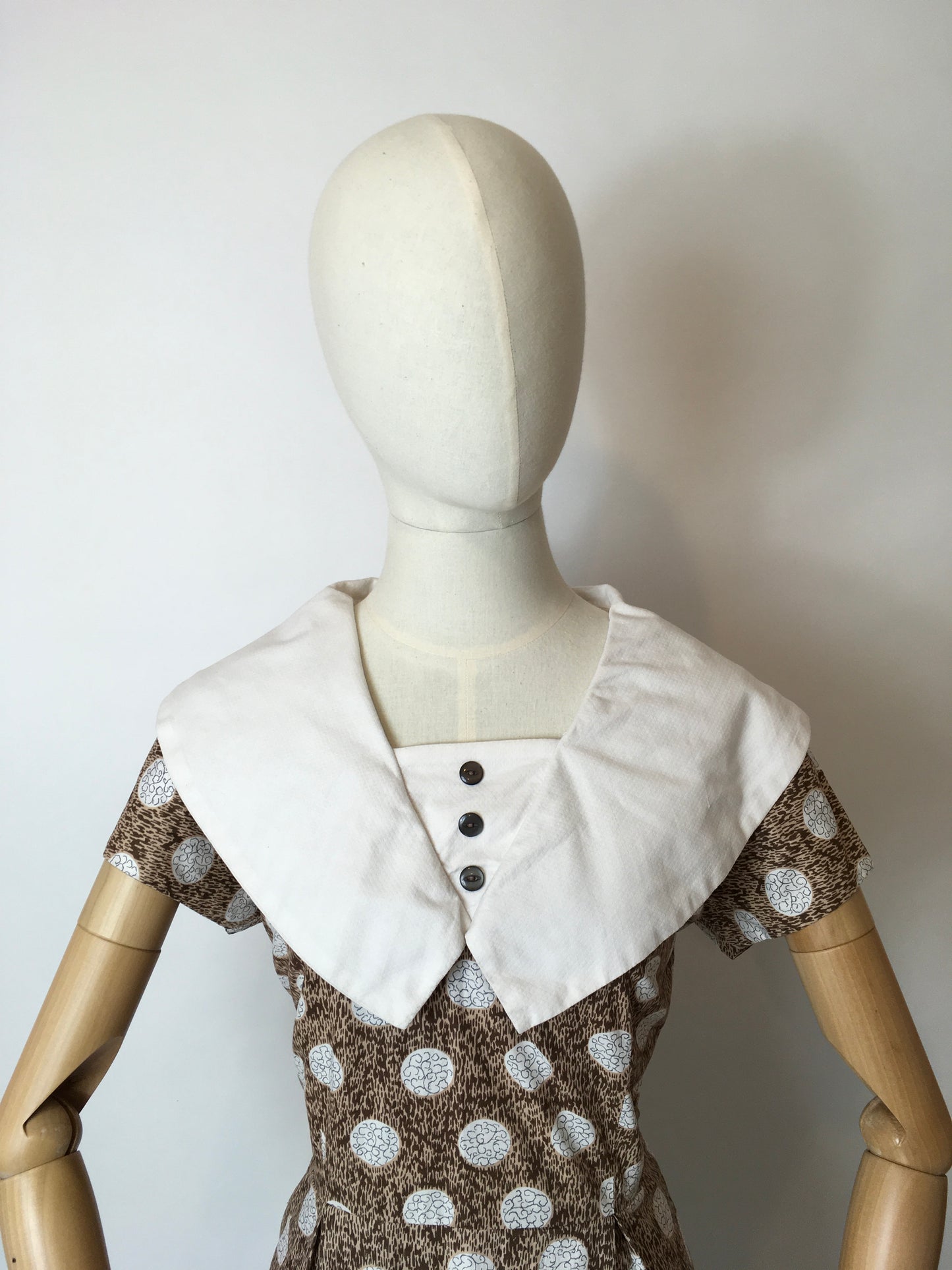Original 1950s Cotton Day Dress - Lovely Geometric Print in Browns, Beiges and Whites