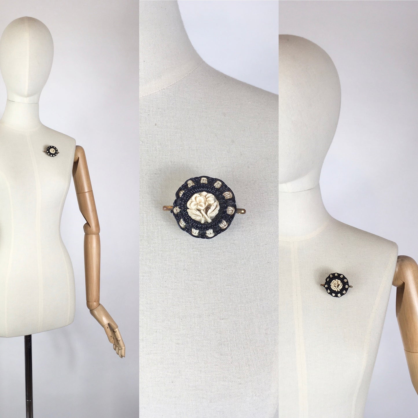 Original 1940’s Make Do And Mend Telephone Cord Brooch - In A Simple Black & White Colourway