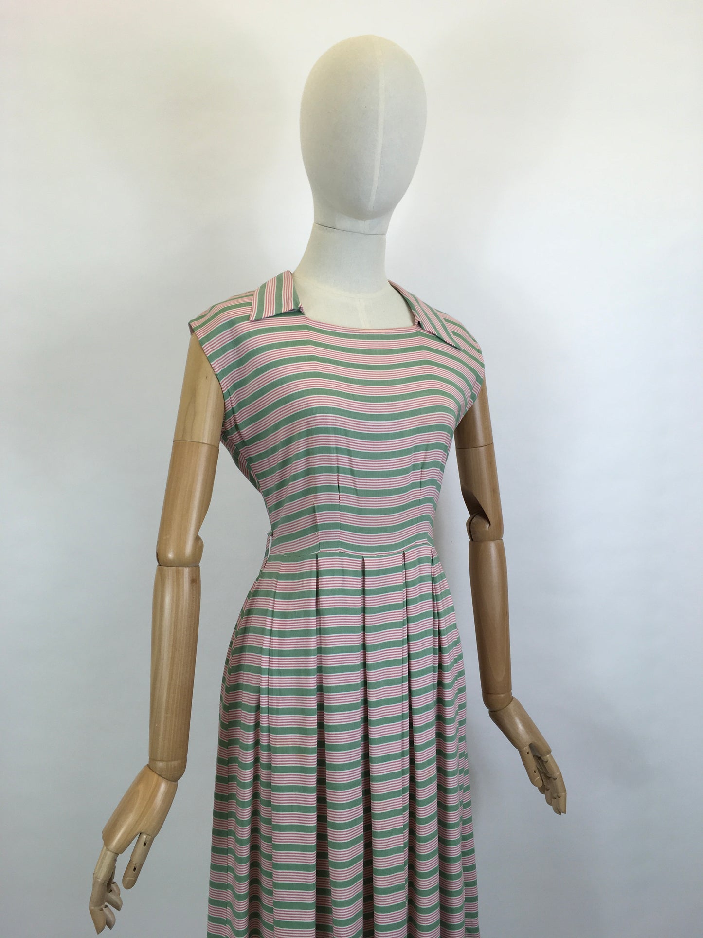 Original Late 1940’s Early 1950’s Cute Cotton Day Dress - In A Soft Cotton Stripe in Sage Green & Powdered Rose
