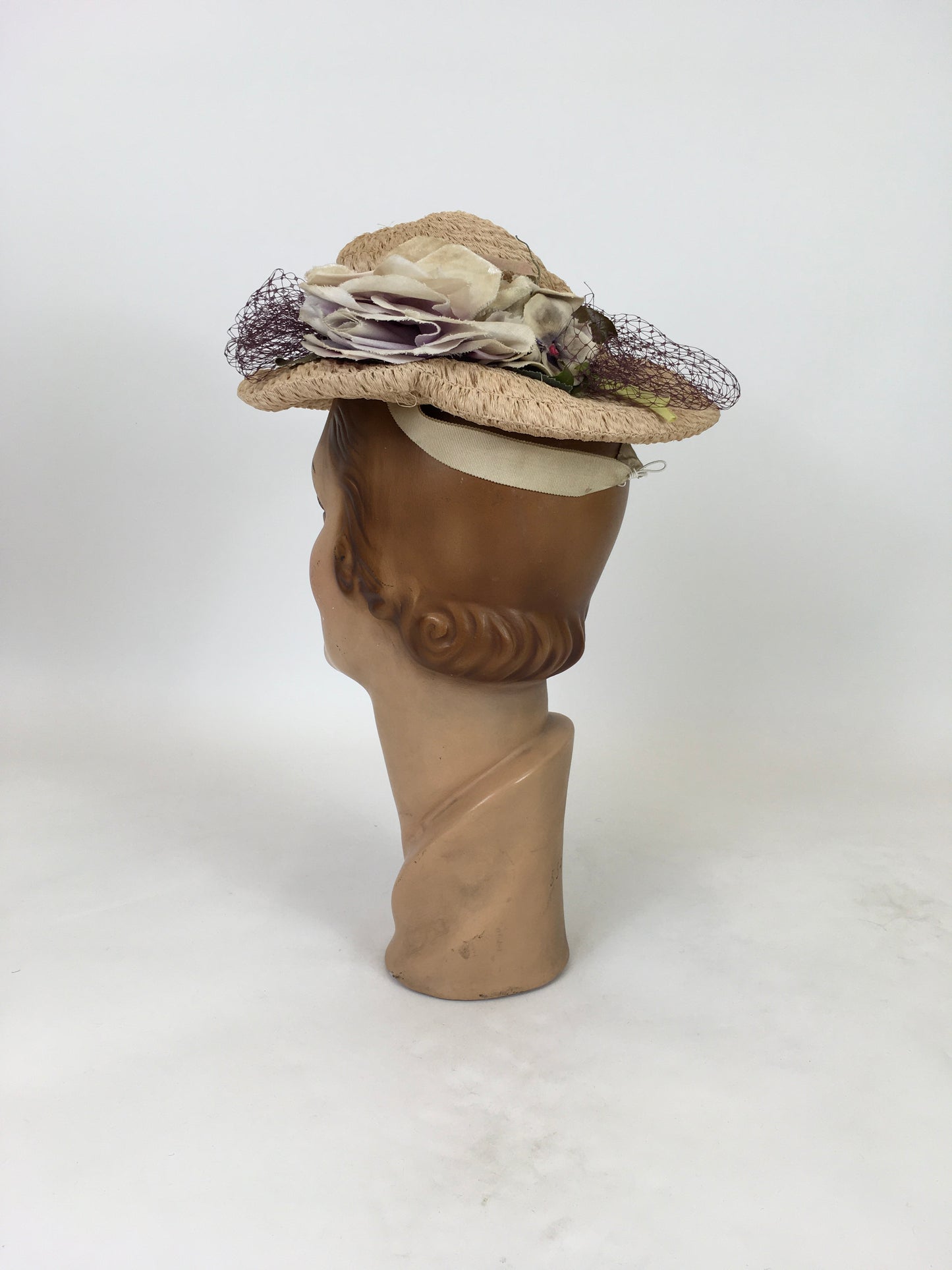 Original Late 1930's Darling Soft Raffia Hat - In A Pale Pink with Velvet Millinery and Deep Lavender Veiling