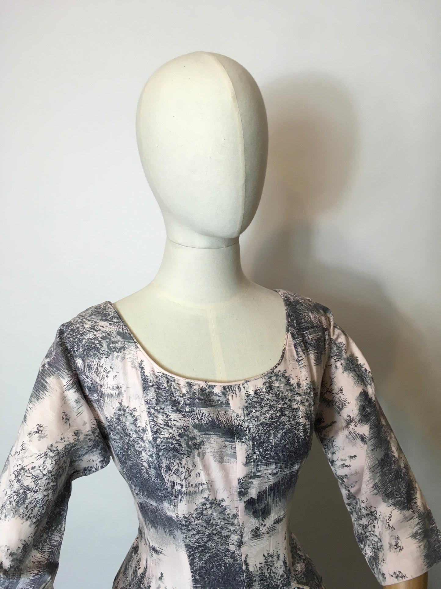 Original 1950s Darling Dress - In the Most Delicate Powder Pink with Charcoal Stencil Overlay Print