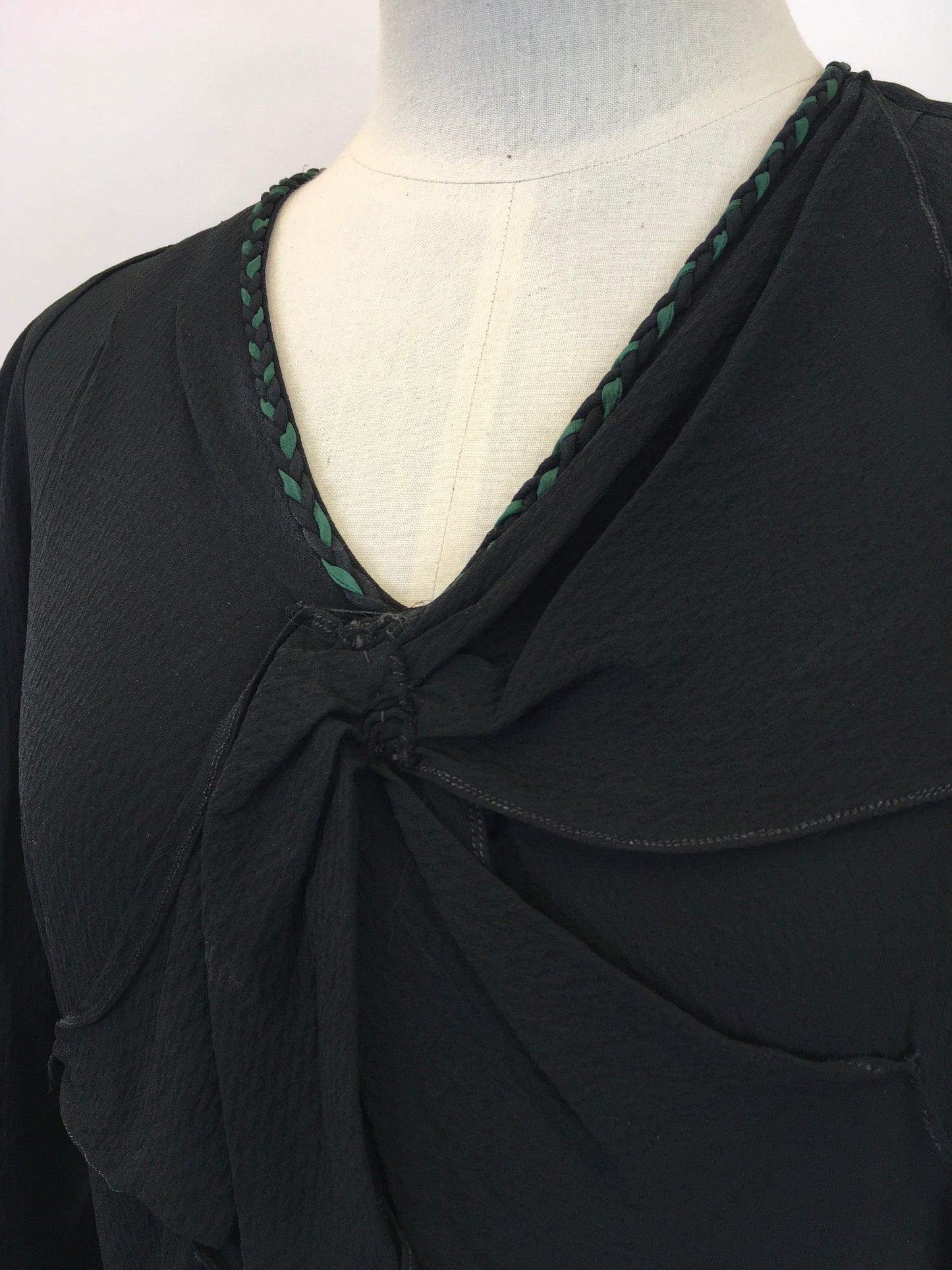 Original 1930's Sensational Evening Dress in Sheer Crepe - In Inky Black with Bottle Green Accents