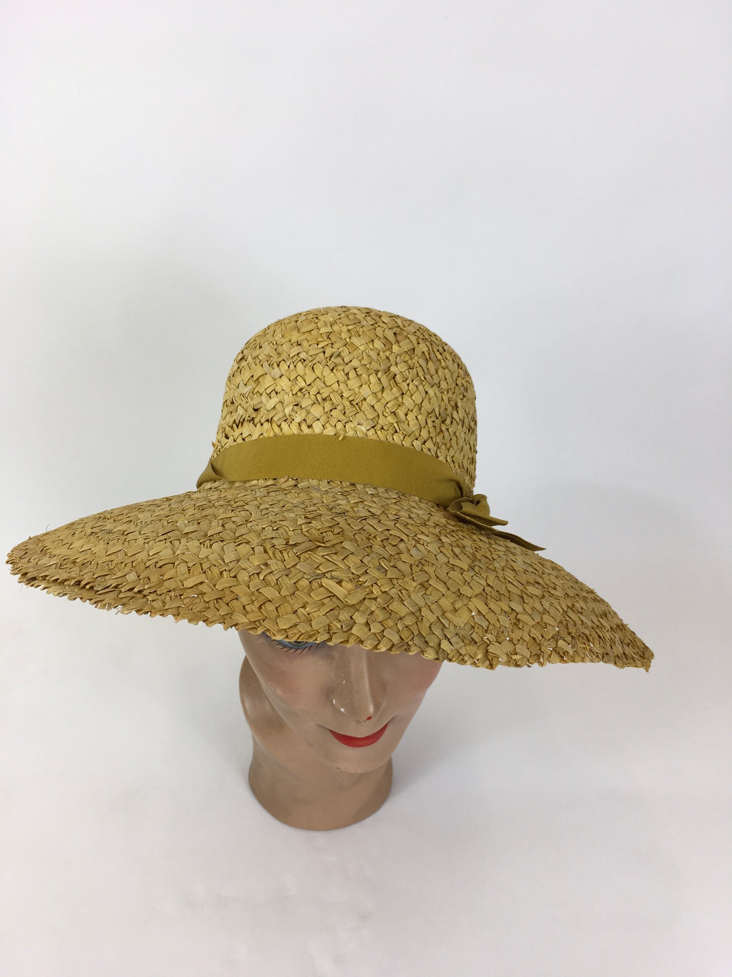 Original Early 1930’s Sensational Raffia Straw Hat - In Sunshine Yellow With Ribbon Trimming