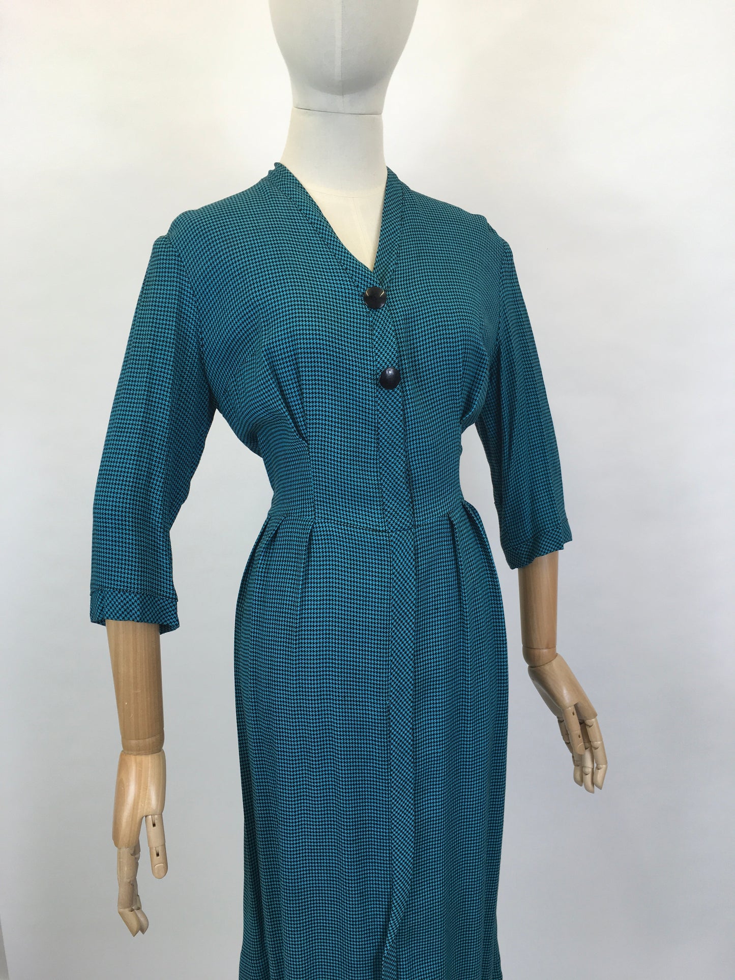 Original Early 1950’s Fabulous Day Dress - In A Lovely Deep Teal Dogtooth Cotton