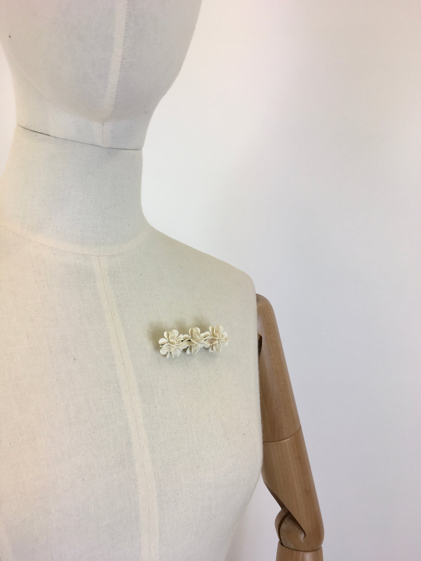 Original Late 1930’s Early 1940’s Celluloid Flora Bar Brooch - In Old White