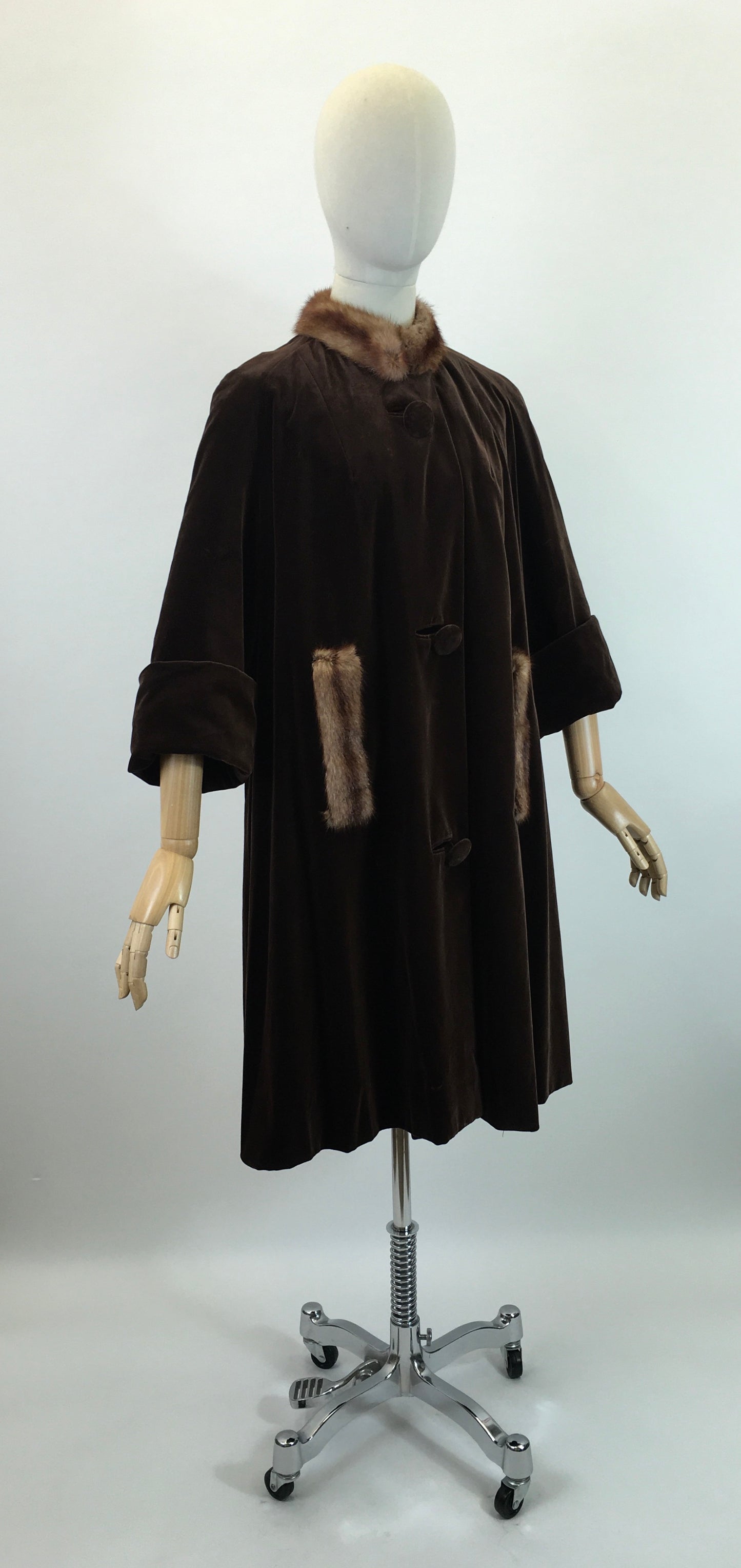 Original 1950's Stunning Velvet Swing Coat - In Chocolate Brown With Fur Trim