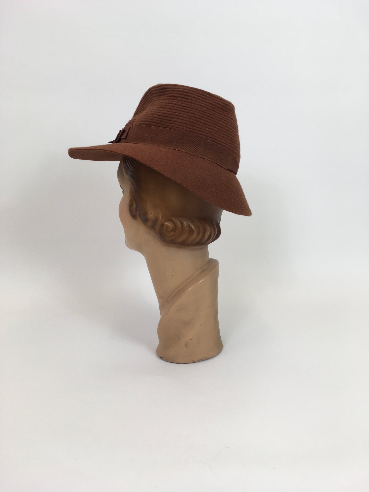 Original 1940's Sensational Fedora Hat - In A Warm Cinnamon With Stitchwork Detailing