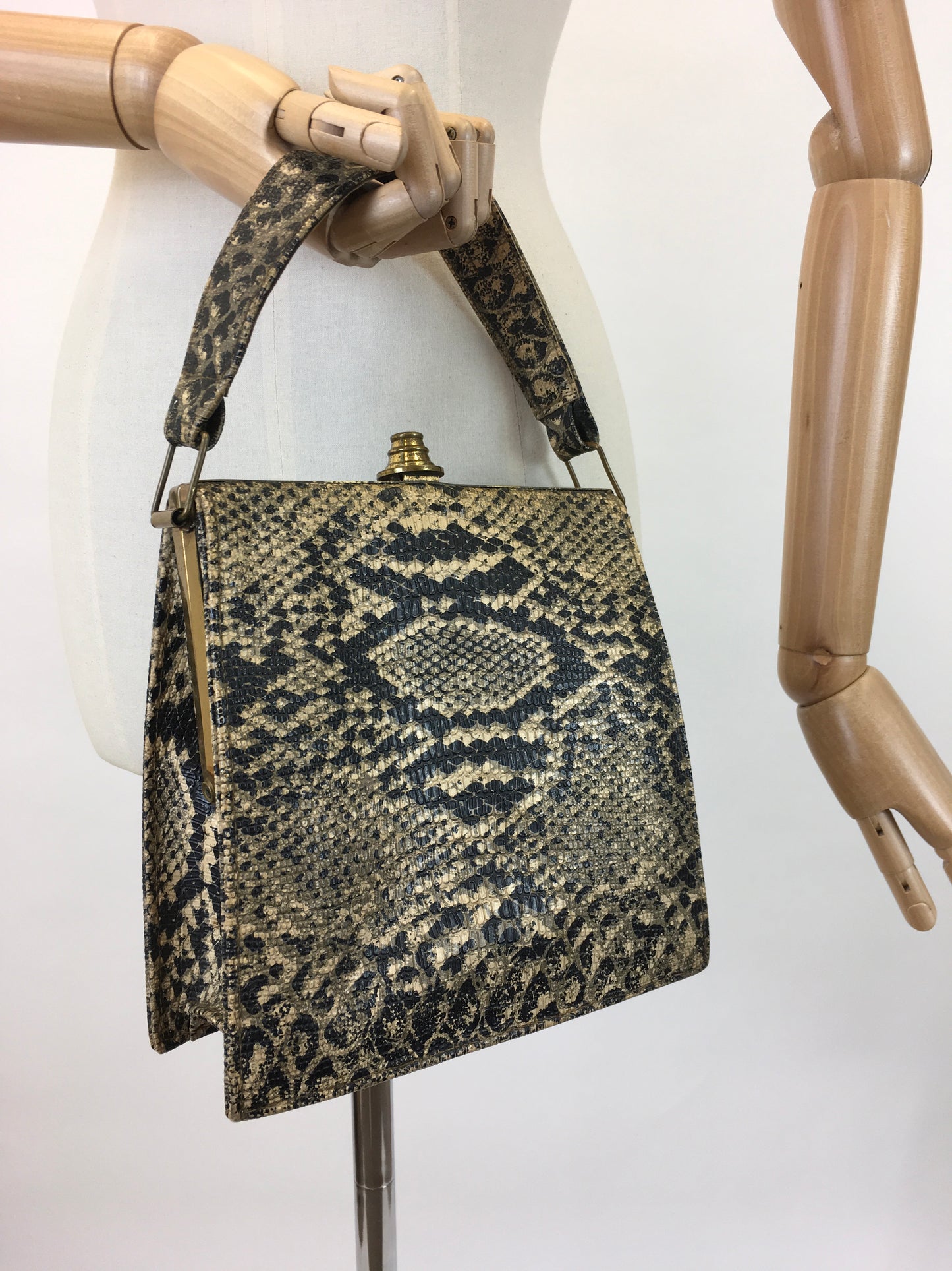 Original 1940's Sensational Snakes Skin Handbag - With Gold Details