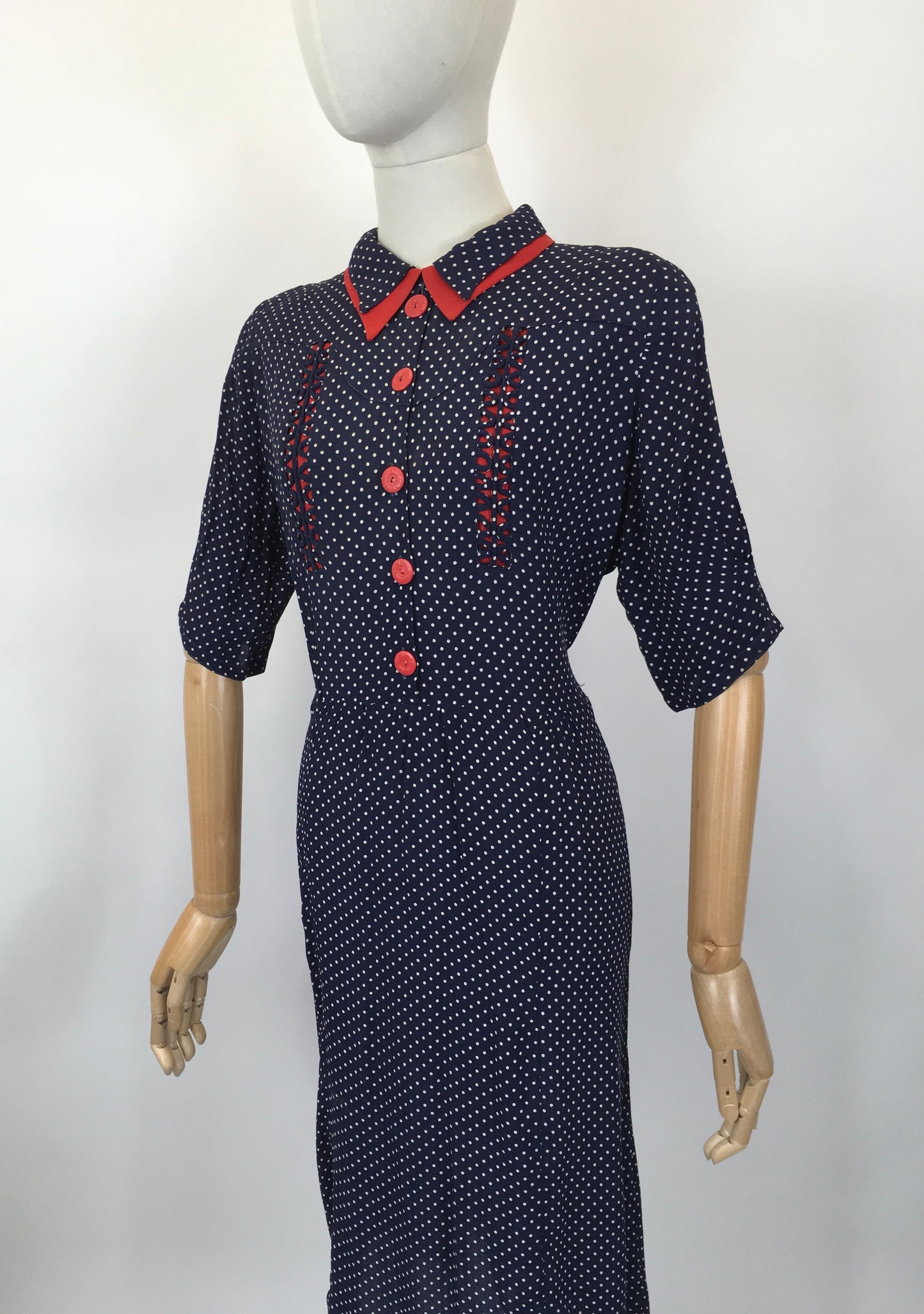 Original 1940's Sensational Volup Rayon Dress - In Navy, White & Red with Contrast Fretwork Embelishment