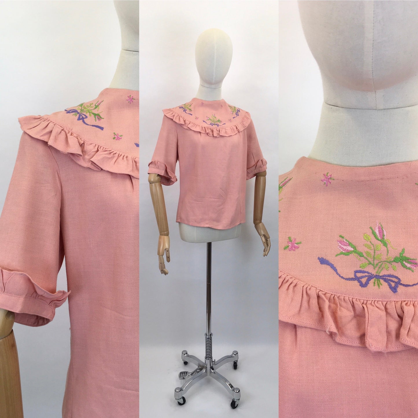 Original 1940s Linen Blouse - In A Beautiful Rose Pink with Floral Embroidery and Pleated Edge