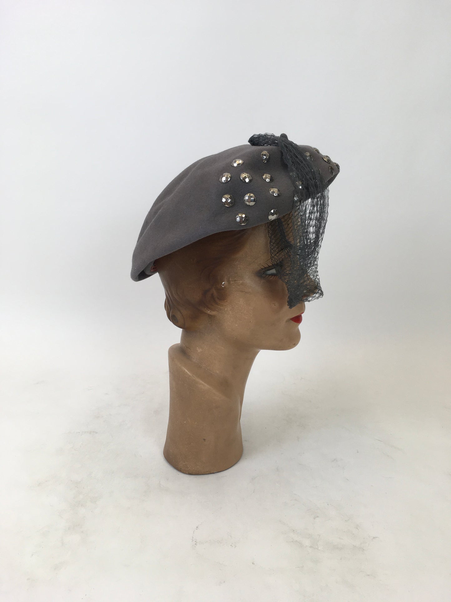 Original 1940's Stunning Studded Hat with Veiling - In A Powdered Grey