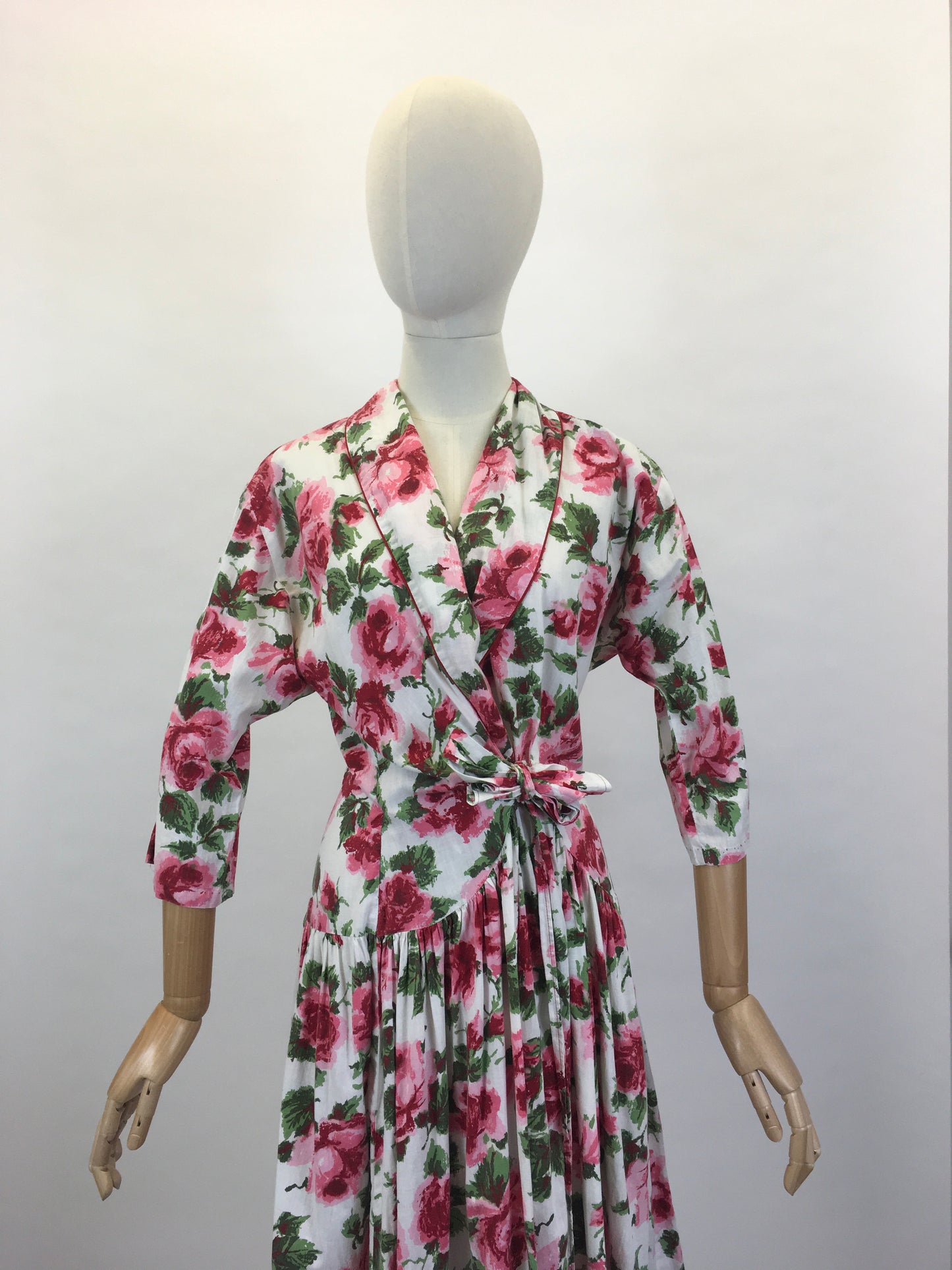 Original 1950’s Darling Wraparound House Dress in A Pink Rose Print - ‘ A Kitchen Formal ‘