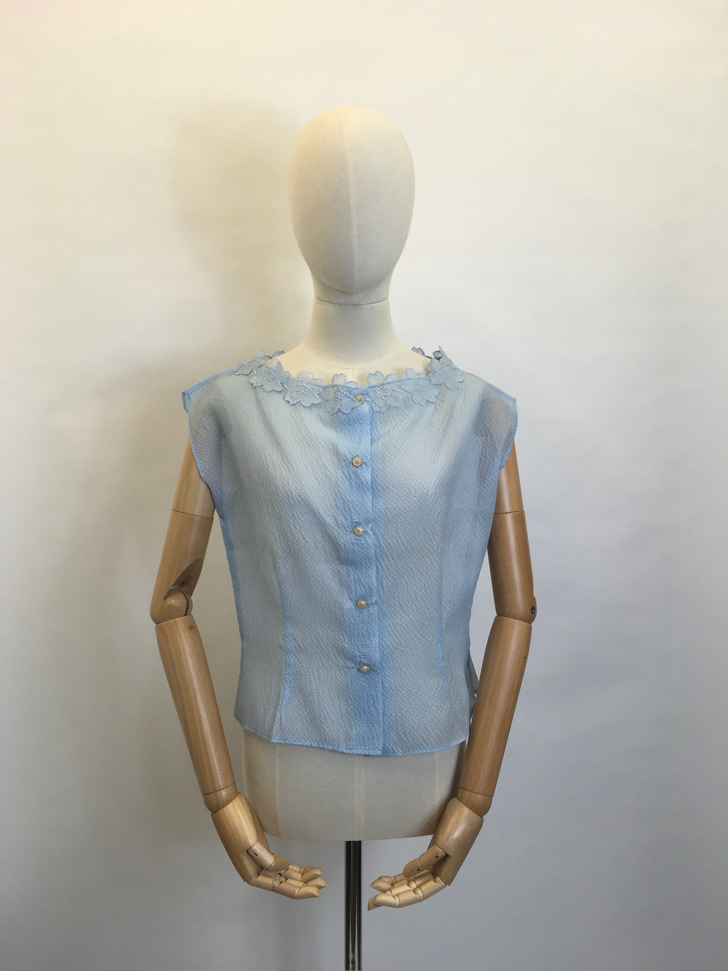 Original 1950’s Sheer Blouse in a lovely Powder Blue - Featuring Floral Detailing to the Neckline