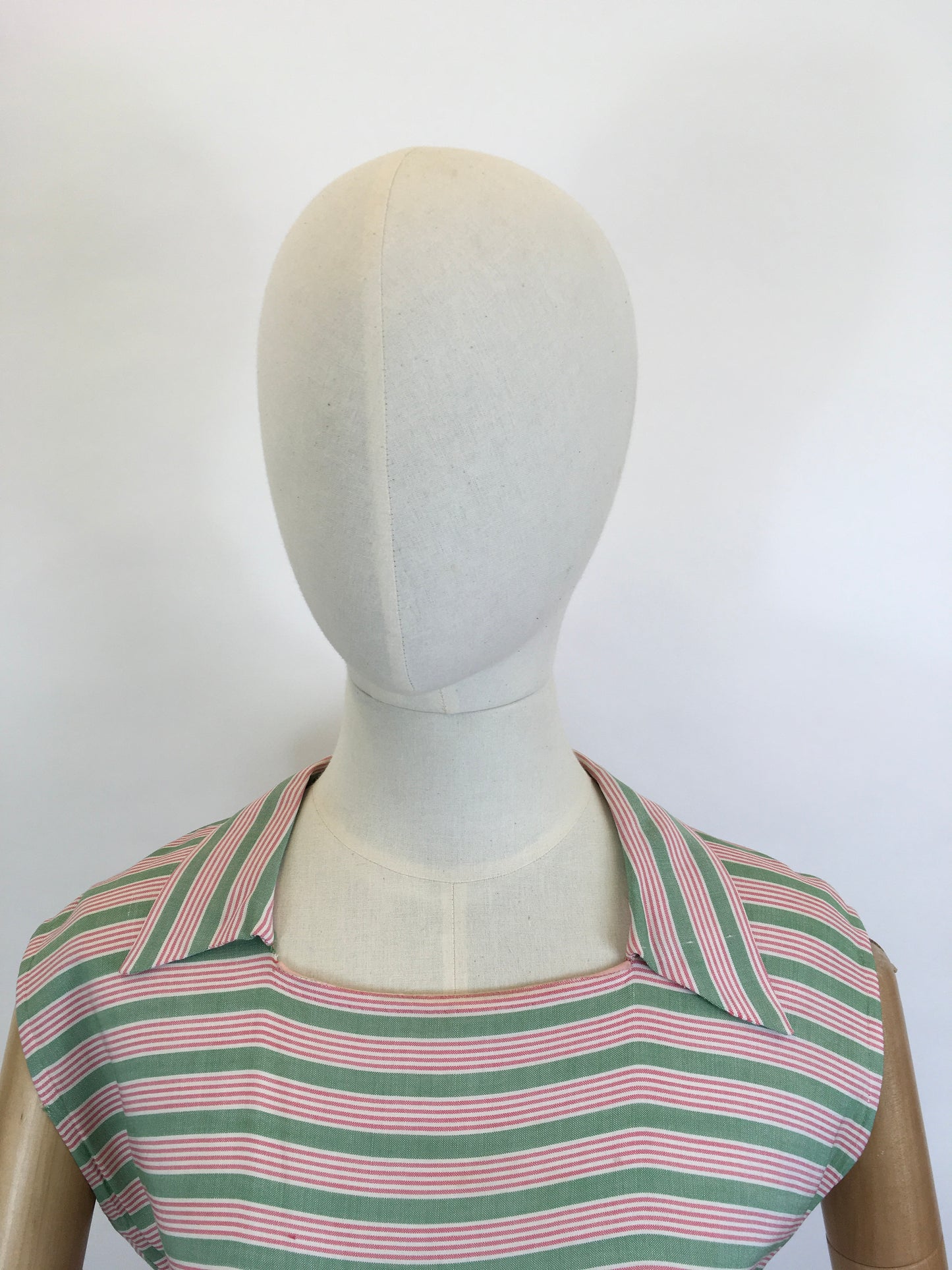 Original Late 1940’s Early 1950’s Cute Cotton Day Dress - In A Soft Cotton Stripe in Sage Green & Powdered Rose