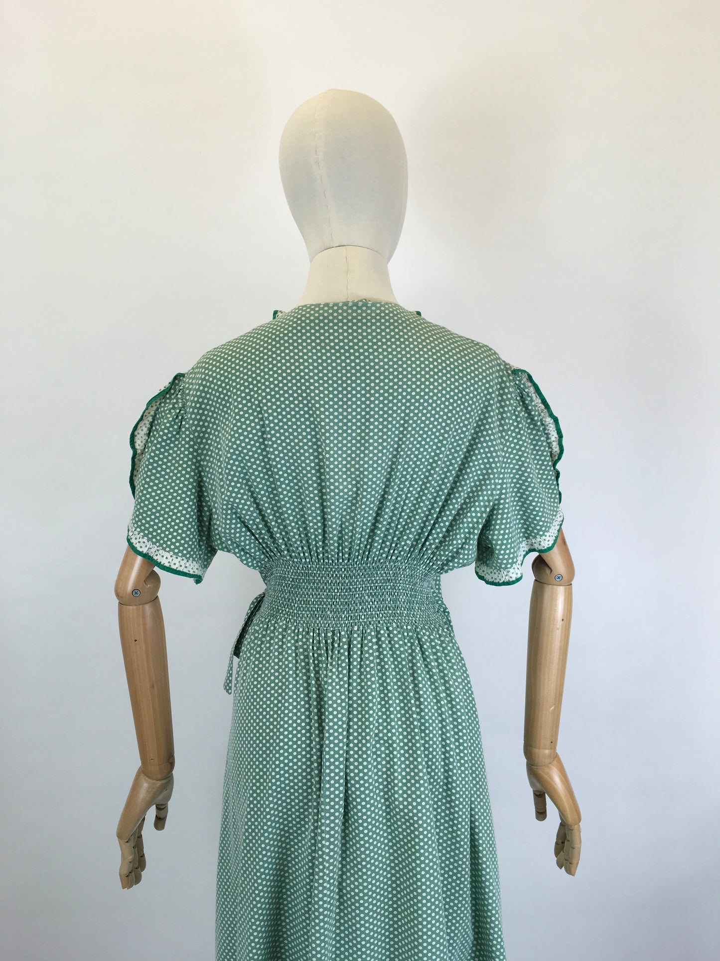 Original 1940’s SENSATIONAL Wrap House Dress - In A Fabulous Green & White Polka Dot