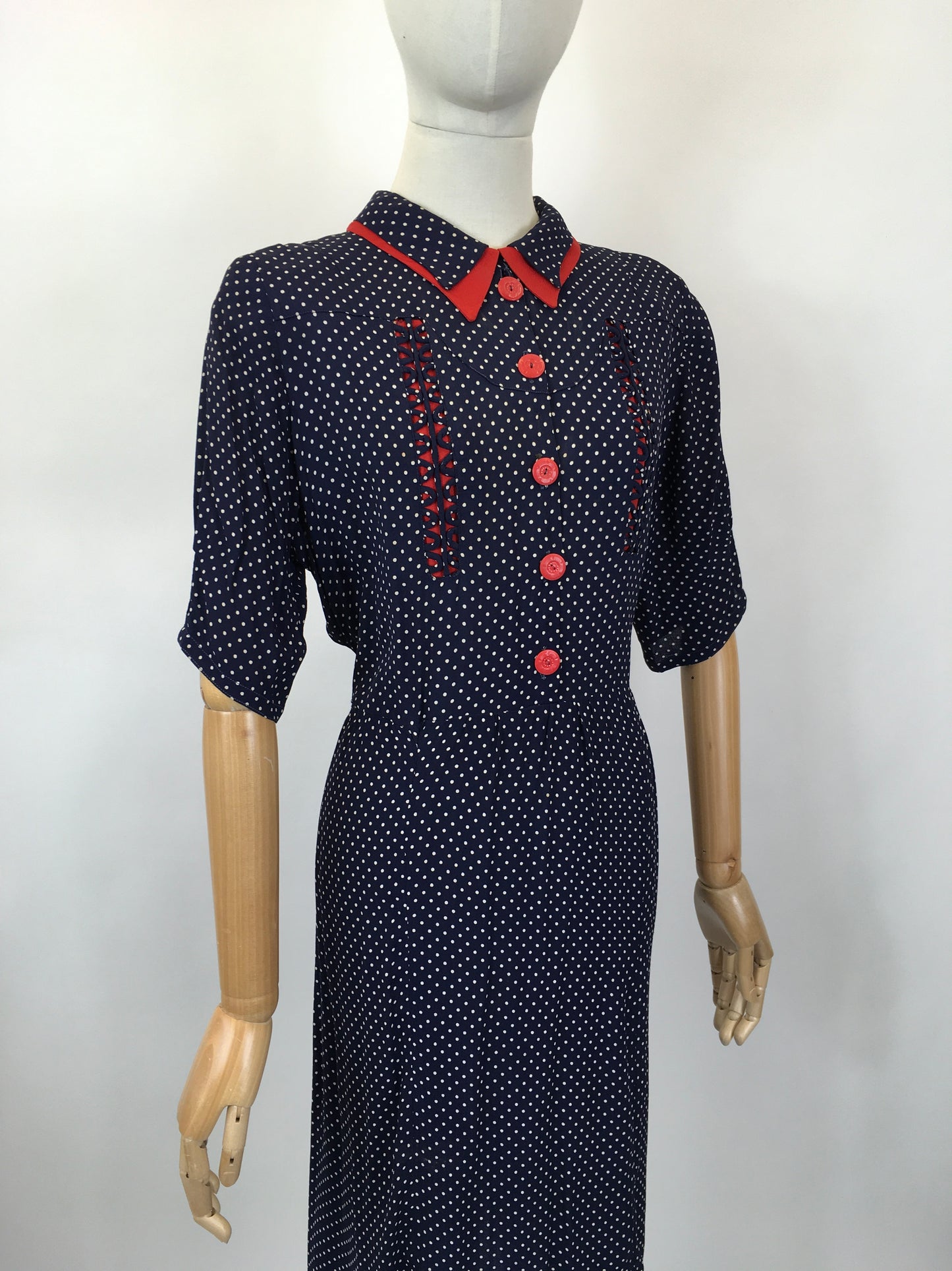 Original 1940's Sensational Volup Rayon Dress - In Navy, White & Red with Contrast Fretwork Embelishment