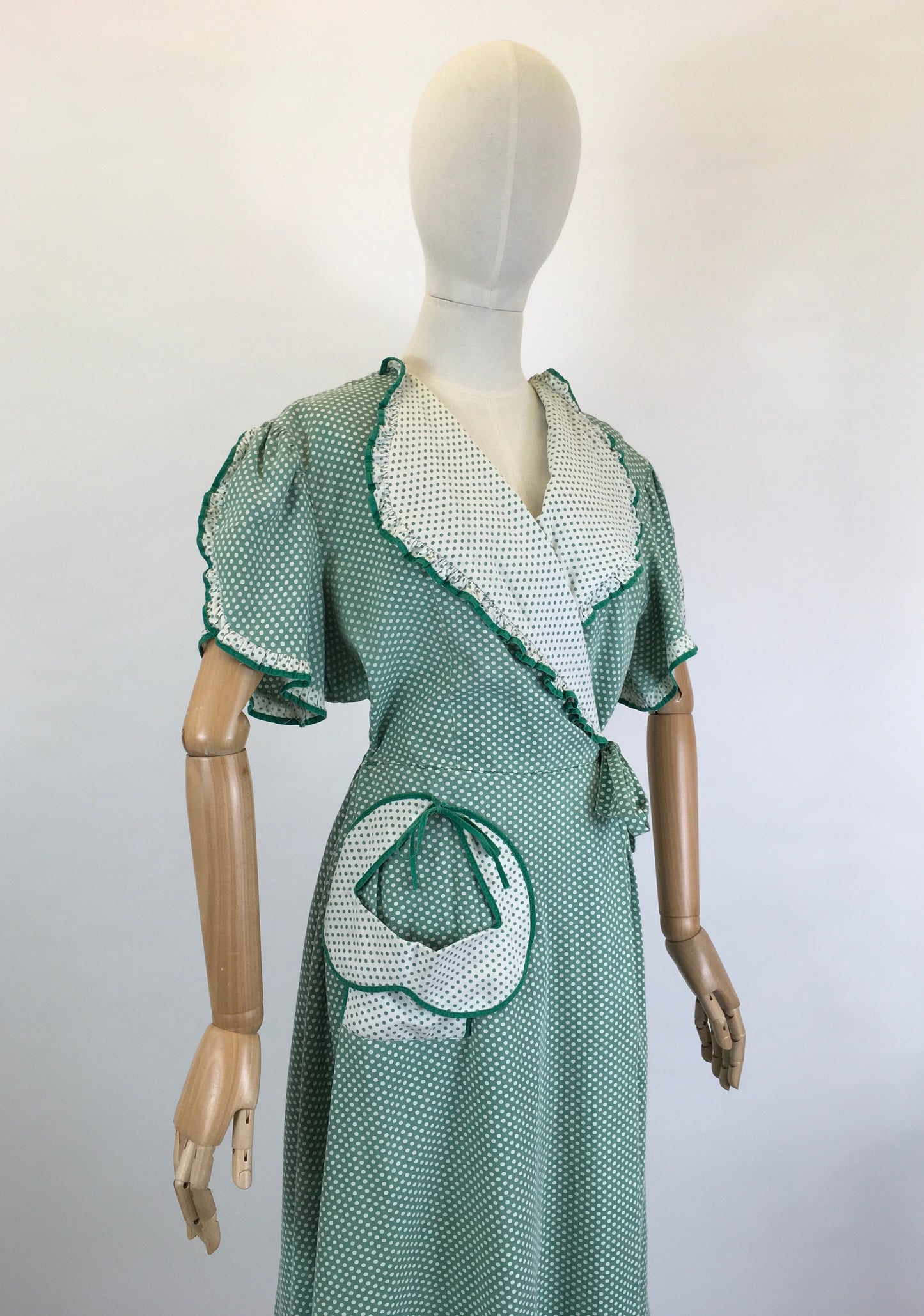 Original 1940’s SENSATIONAL Wrap House Dress - In A Fabulous Green & White Polka Dot