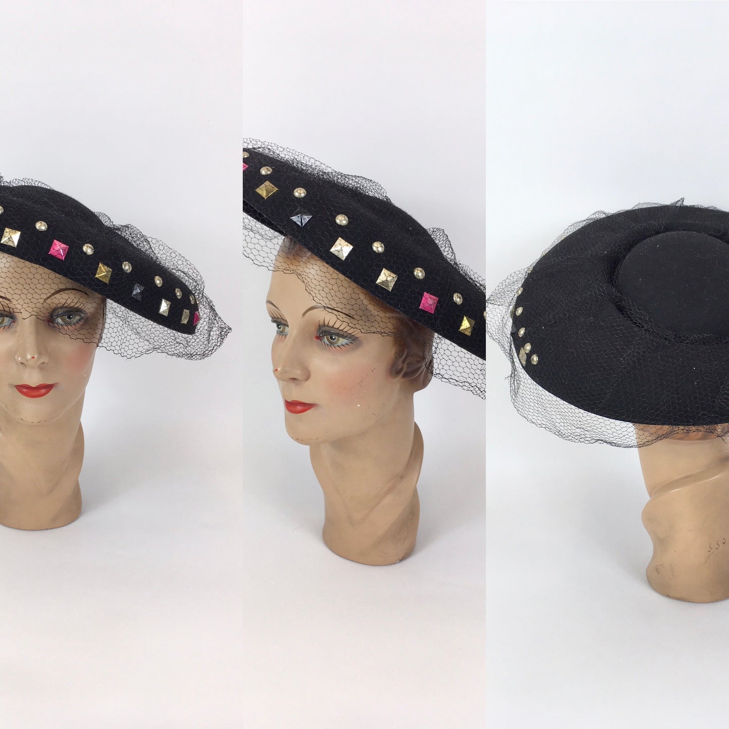 Original 1940’s SHOWSTOPPING Black Platter Hat - With Coloured Stud Work Detailing & Veiling