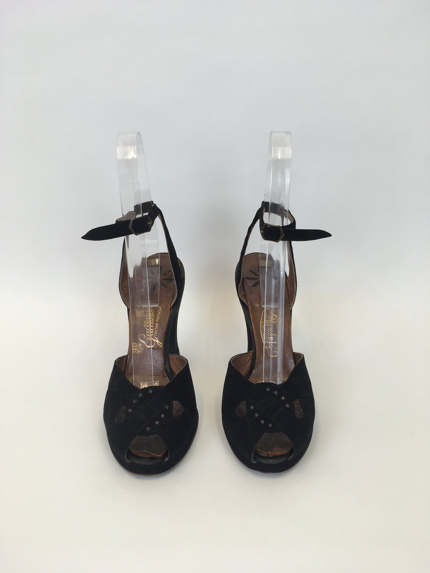 Original 1940s Black Suede Heels - With Peep toe Front Detailing and Buckled Ankle Strap