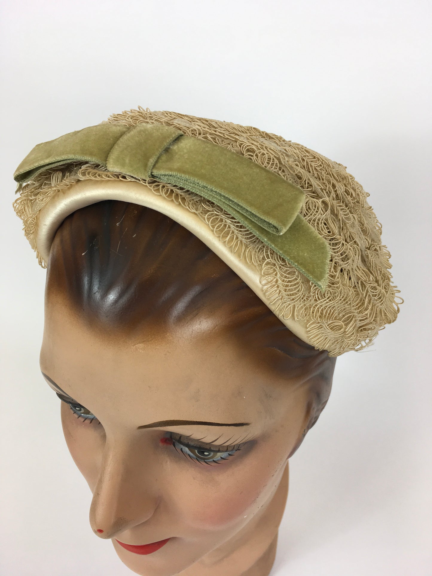 Original 1950’s Darling Headpiece - In A Soft Straw Colour with Contrast Rich Green Velvet Bow Detailing