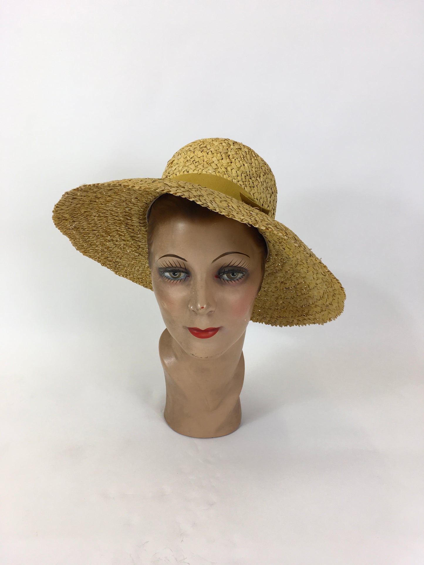 Original Early 1930’s Sensational Raffia Straw Hat - In Sunshine Yellow With Ribbon Trimming