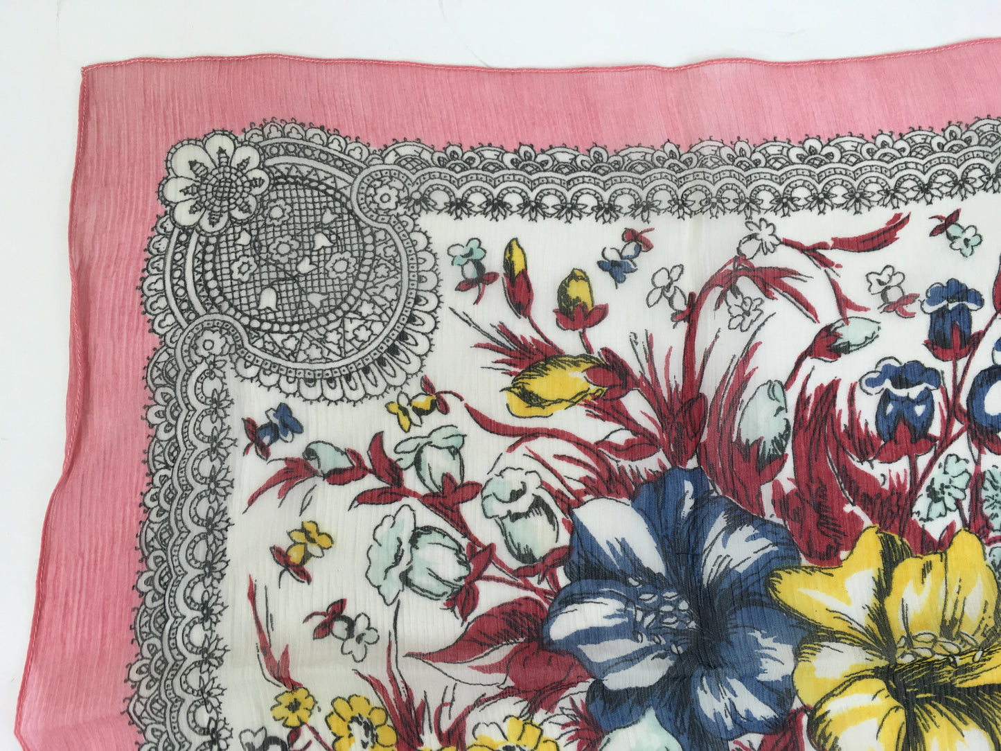 Vintage 1940’s Darling Floral Chiffon Large Hankie / Scarf - In A Springtime Meadow Colour Palette