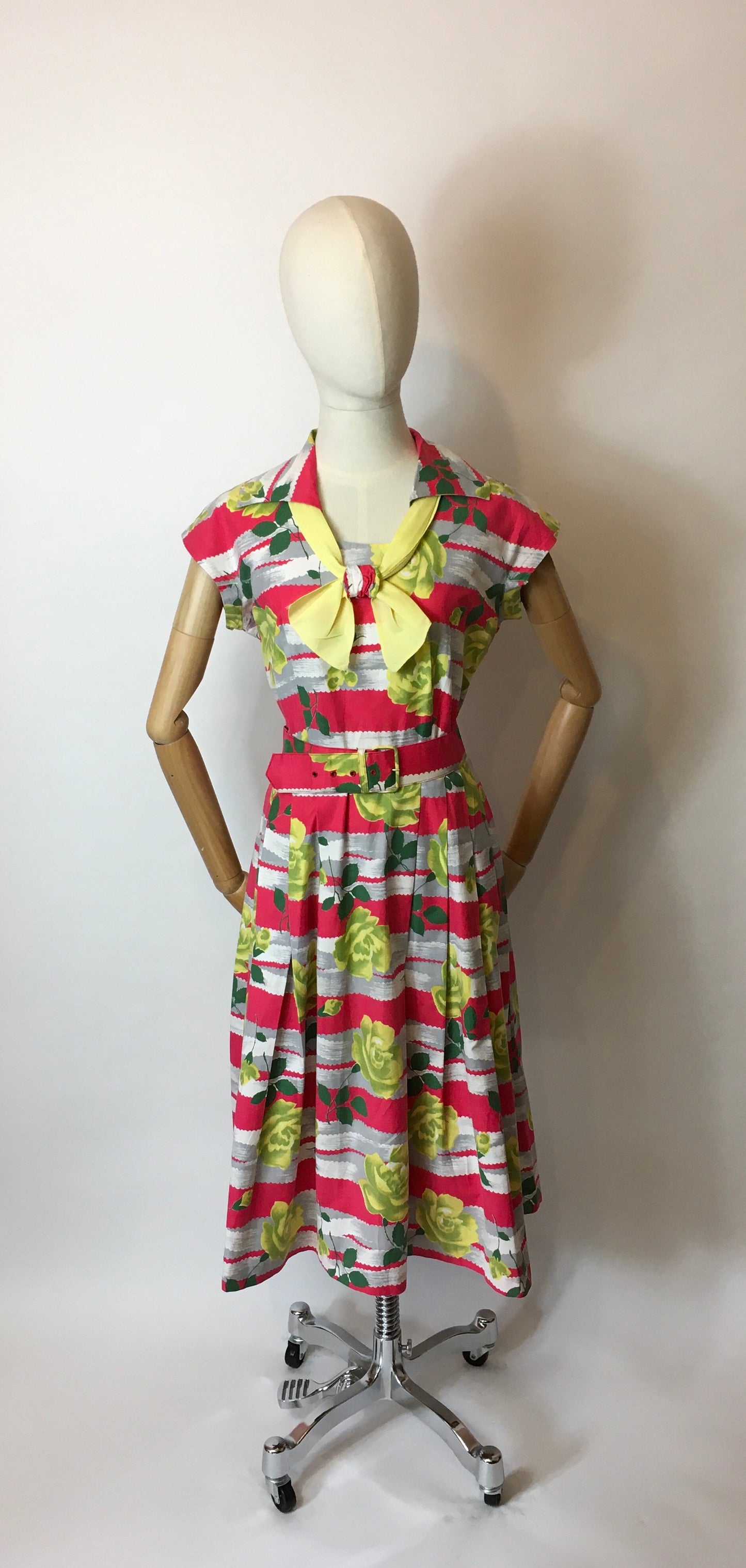 Original 1950s Cotton Day Dress - In a Fabulous Floral Cotton in Bright Pinks, Yellows & Greens