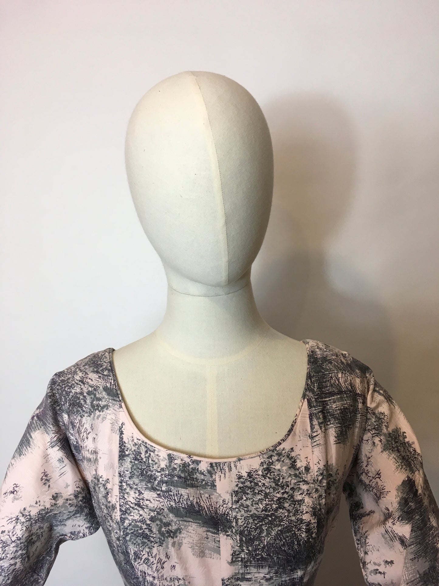 Original 1950s Darling Dress - In the Most Delicate Powder Pink with Charcoal Stencil Overlay Print