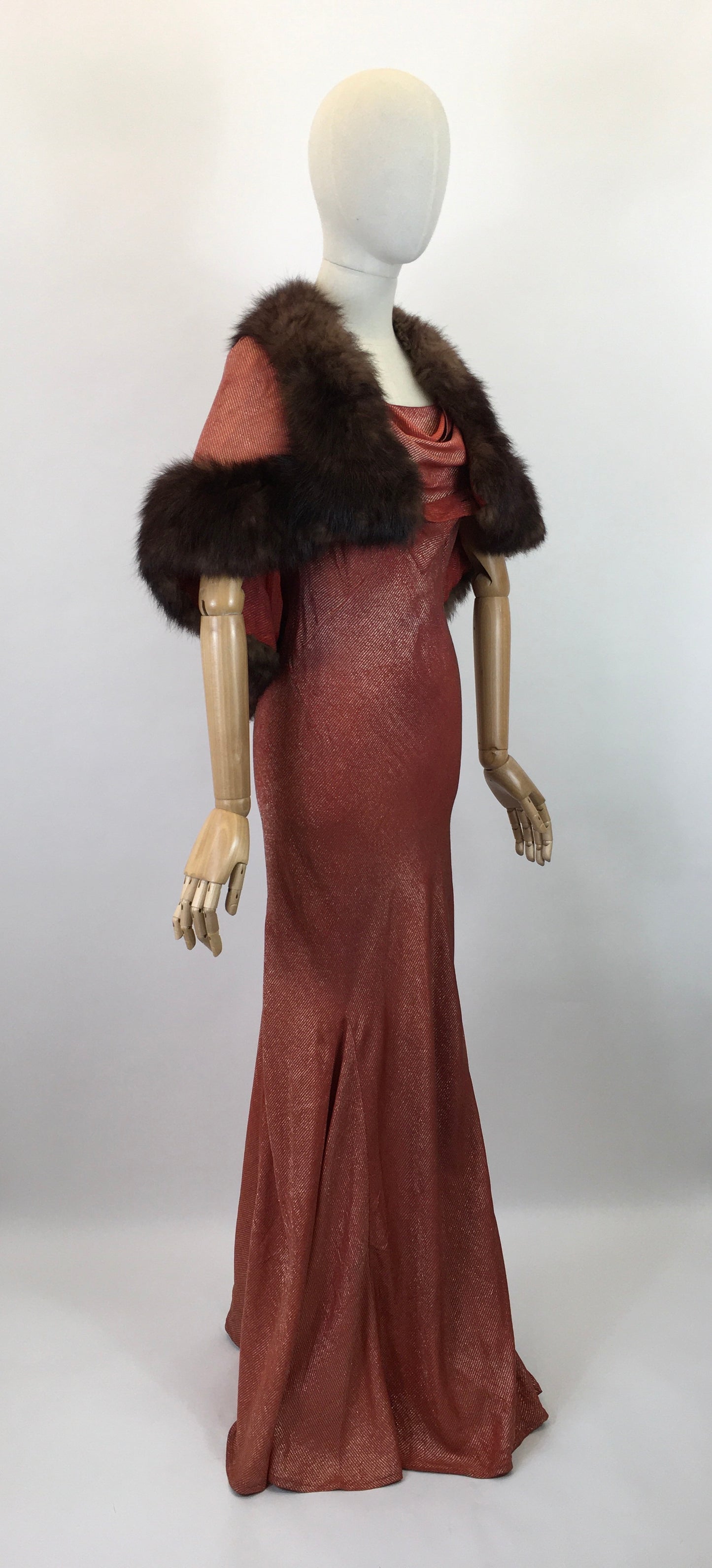 Original SENSATIONAL 1930's Evening Gown with Capelet - In Burnt Orange and Gold Lame with Rabbit Fur Trim