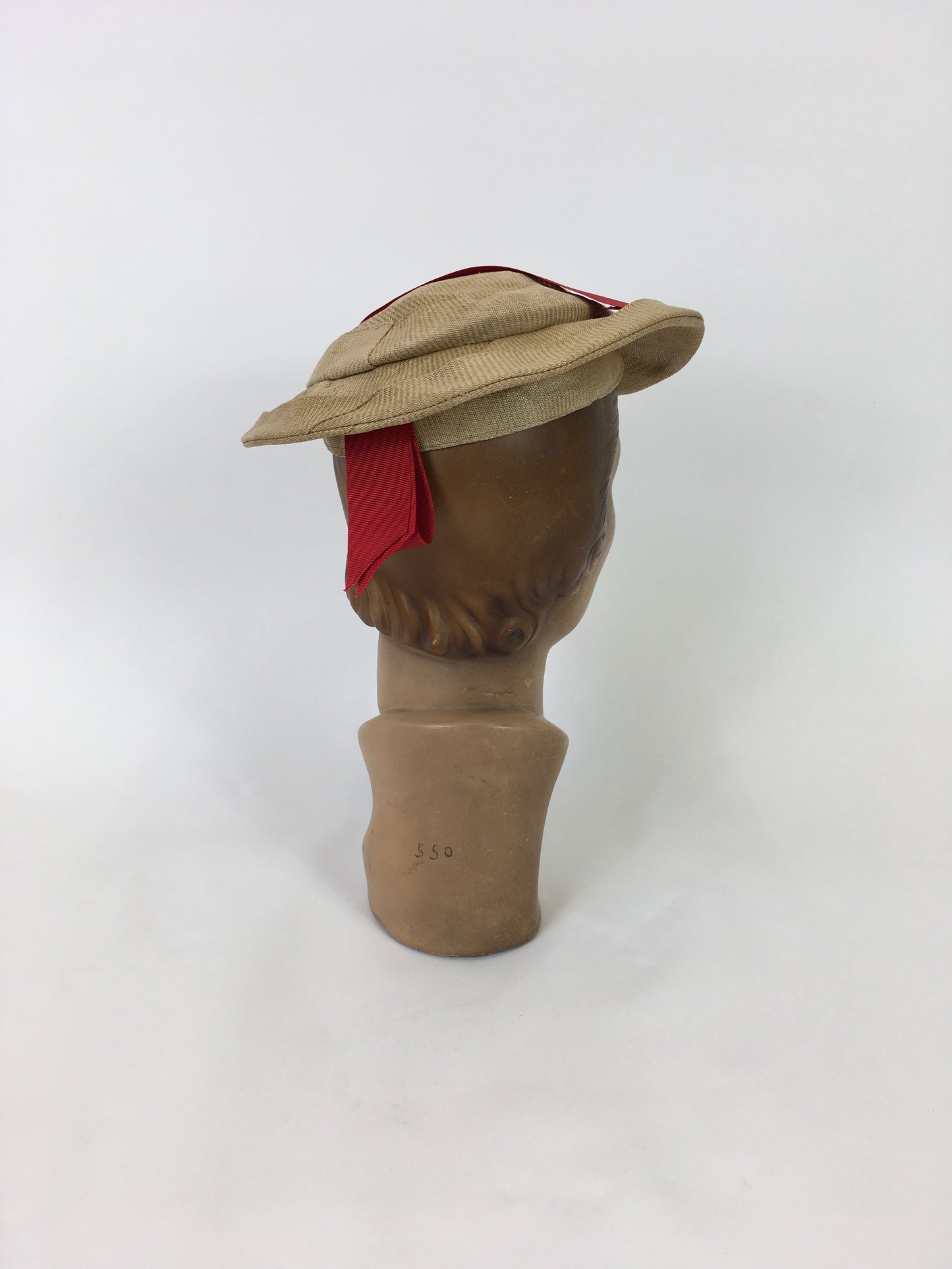 Original 1930's Stunning Natural Straw Cloth Hat - With Zesty Orange Grosgrain Trim