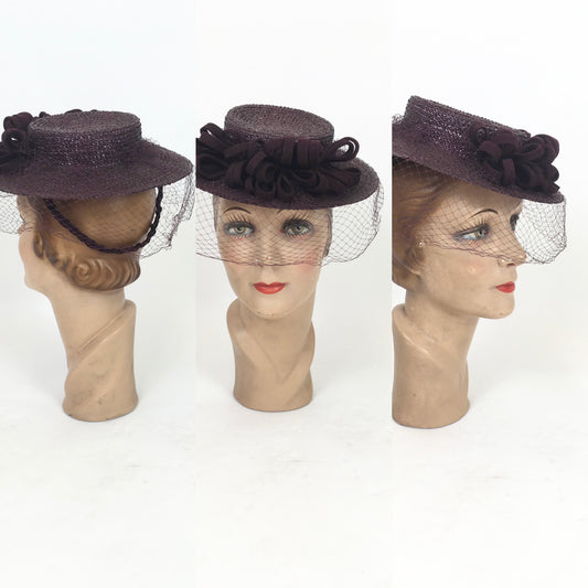 Original 1940's Darling Raffia Tilt Hat with Felt Adornment & Veiling - In Winter Berry