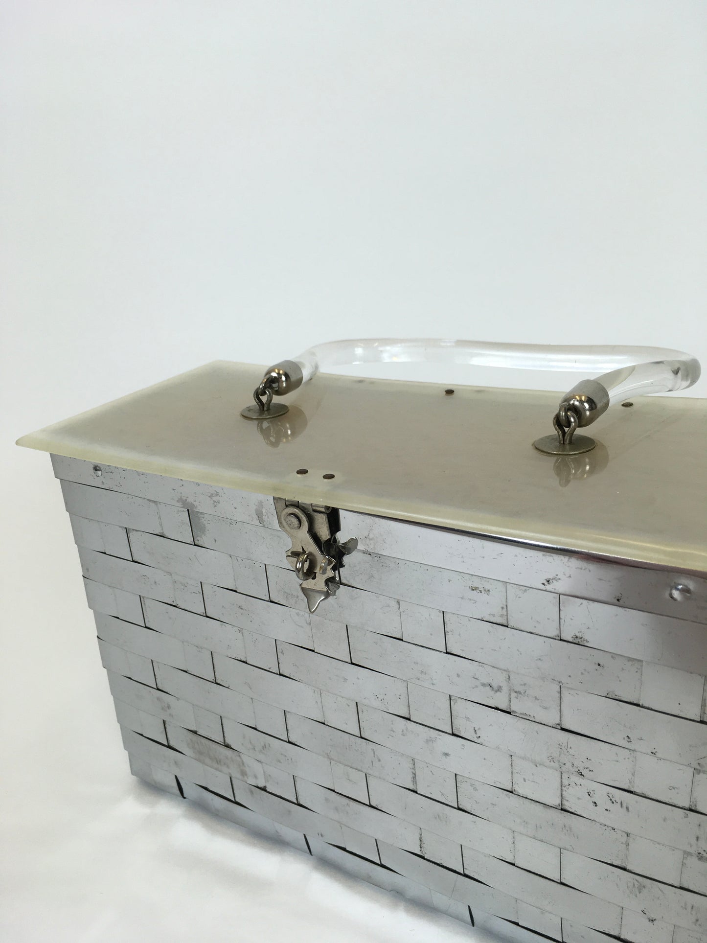 Original 1950’s Metal Lattice Work Box Bag - With Lucite Lid and Handle