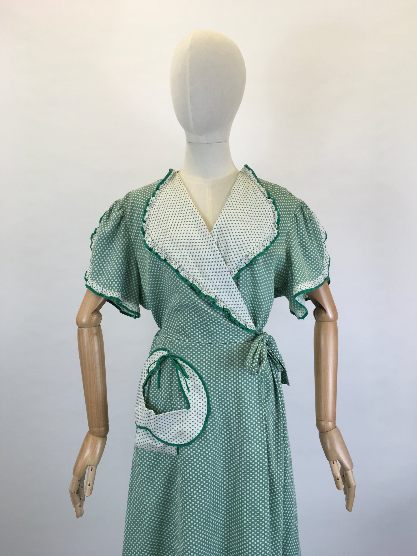 Original 1940’s SENSATIONAL Wrap House Dress - In A Fabulous Green & White Polka Dot