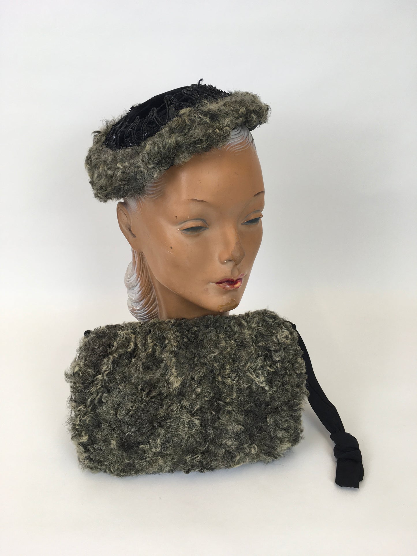 Original 1940s Gorgeous Hat & Muff 2pc Set - In a Lovely Grey Astrakhan and Black Velvet with Trim