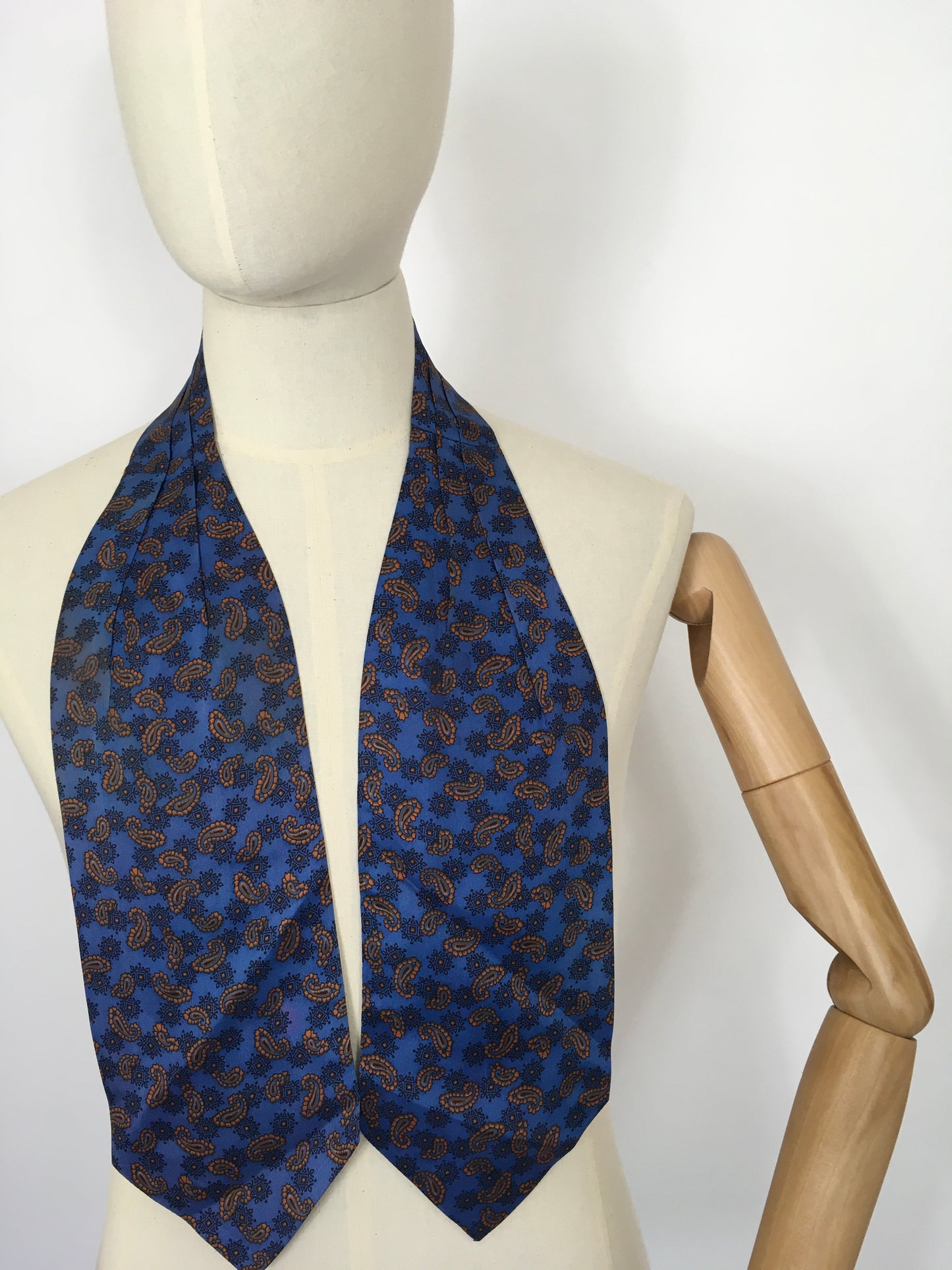 Original late 1950s Mens Silk Cravat - In a Very Fun Blue and Orange Paisley Print