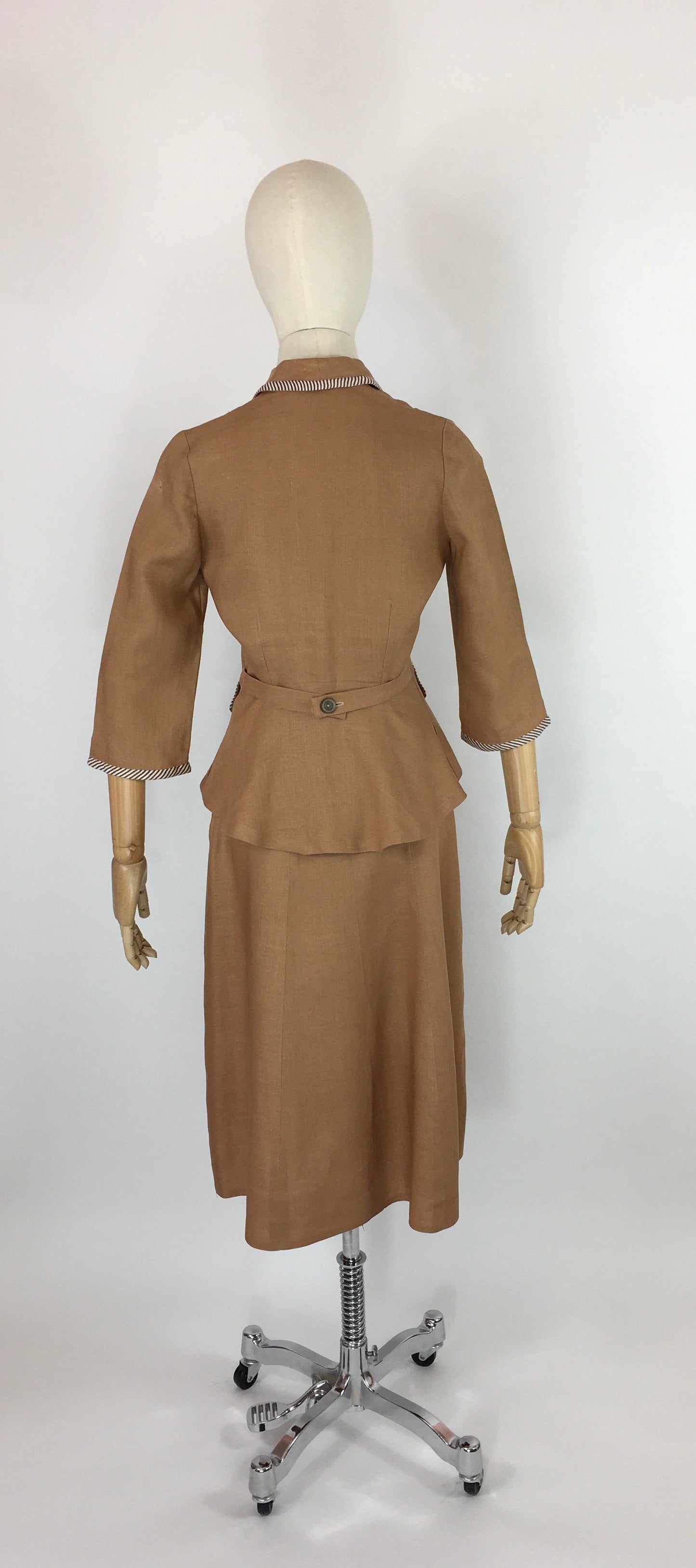 Original 1940’s 2 Piece Suit - In a Beautiful Soft Caramel Linen Colour With Contrast Stripe Detailing