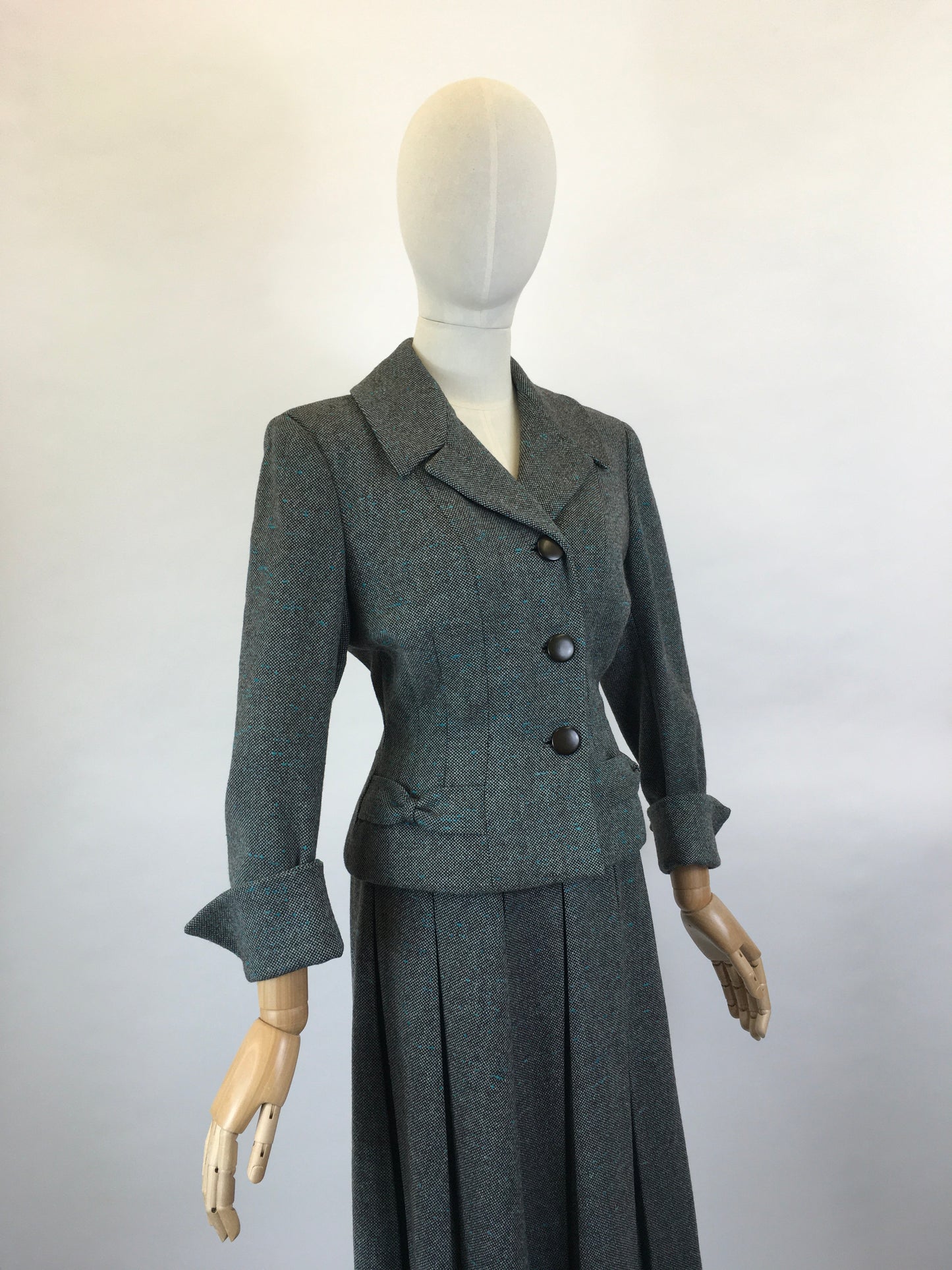 Original late 1940’s 2pc Woollen Suit by ‘ Harella’ - Grey Toned with a Bright Teal Fleck