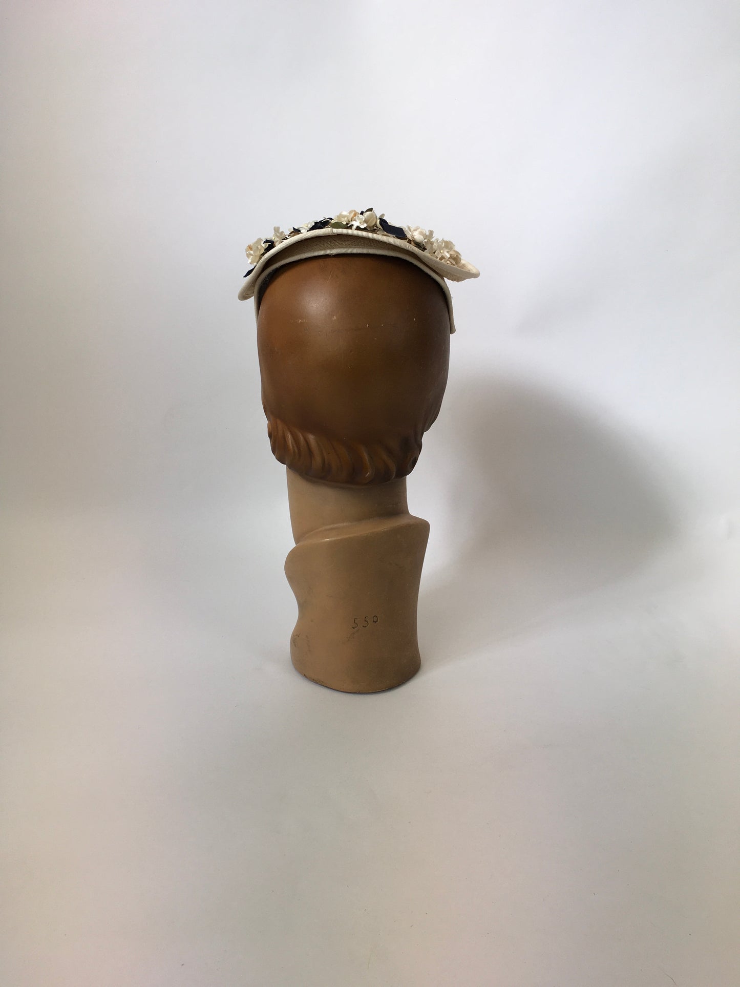 Original 1950’s Darling Natural Straw Headpiece - With Millinery Flora and Navy Velvet Bows