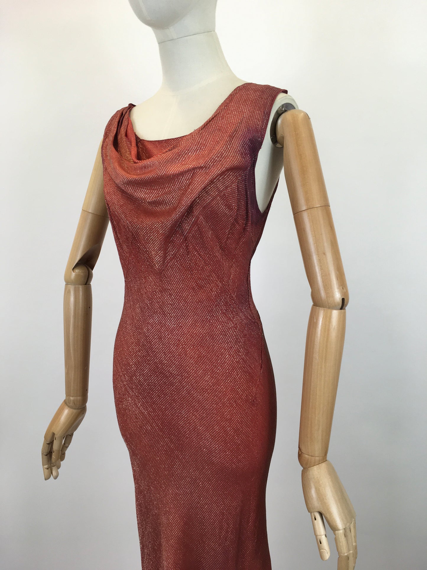 Original SENSATIONAL 1930's Evening Gown with Capelet - In Burnt Orange and Gold Lame with Rabbit Fur Trim