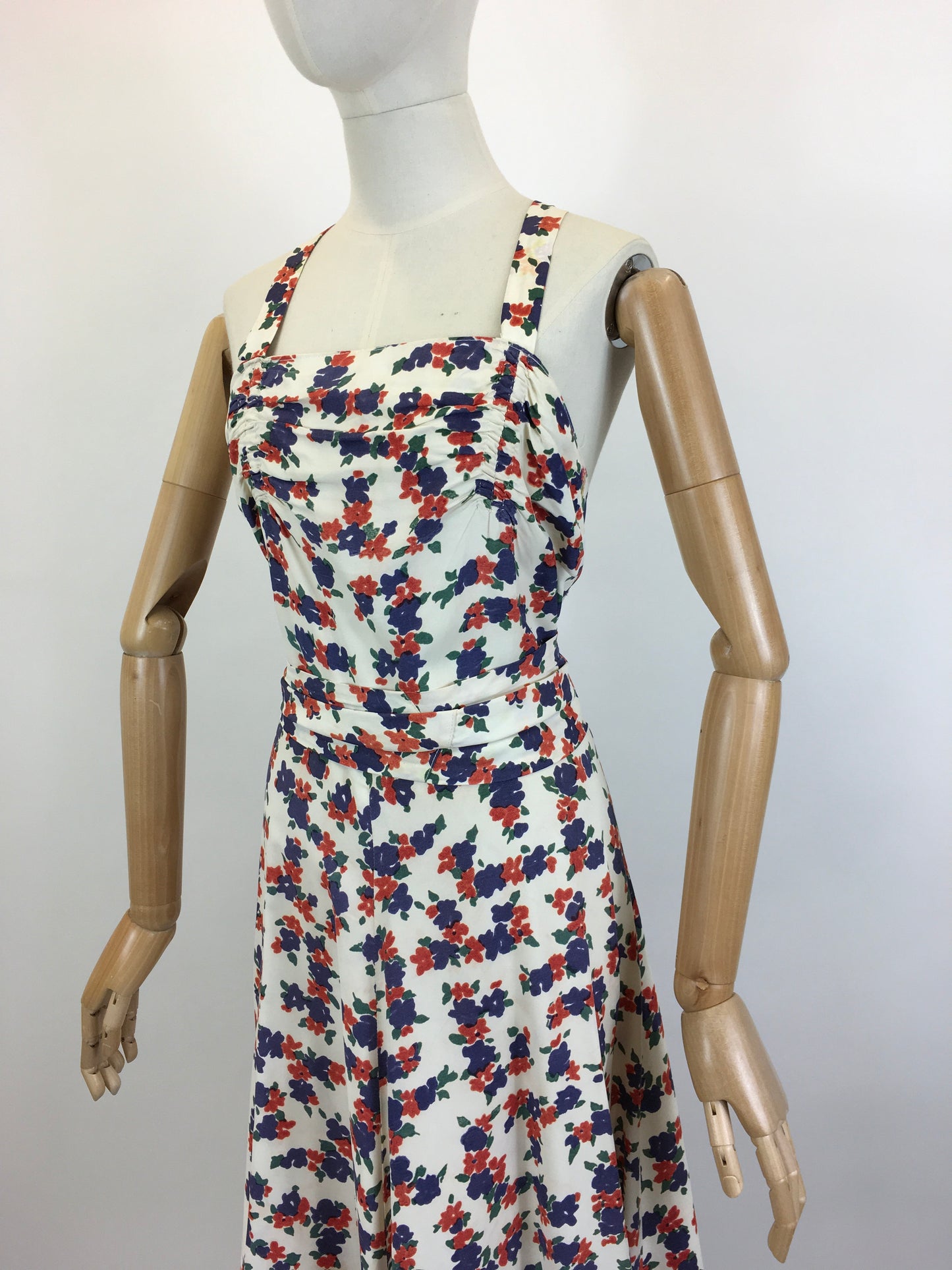 Original Late 1930’s Stunning Evening Gown - Navy & Coral Red Floral Rayon