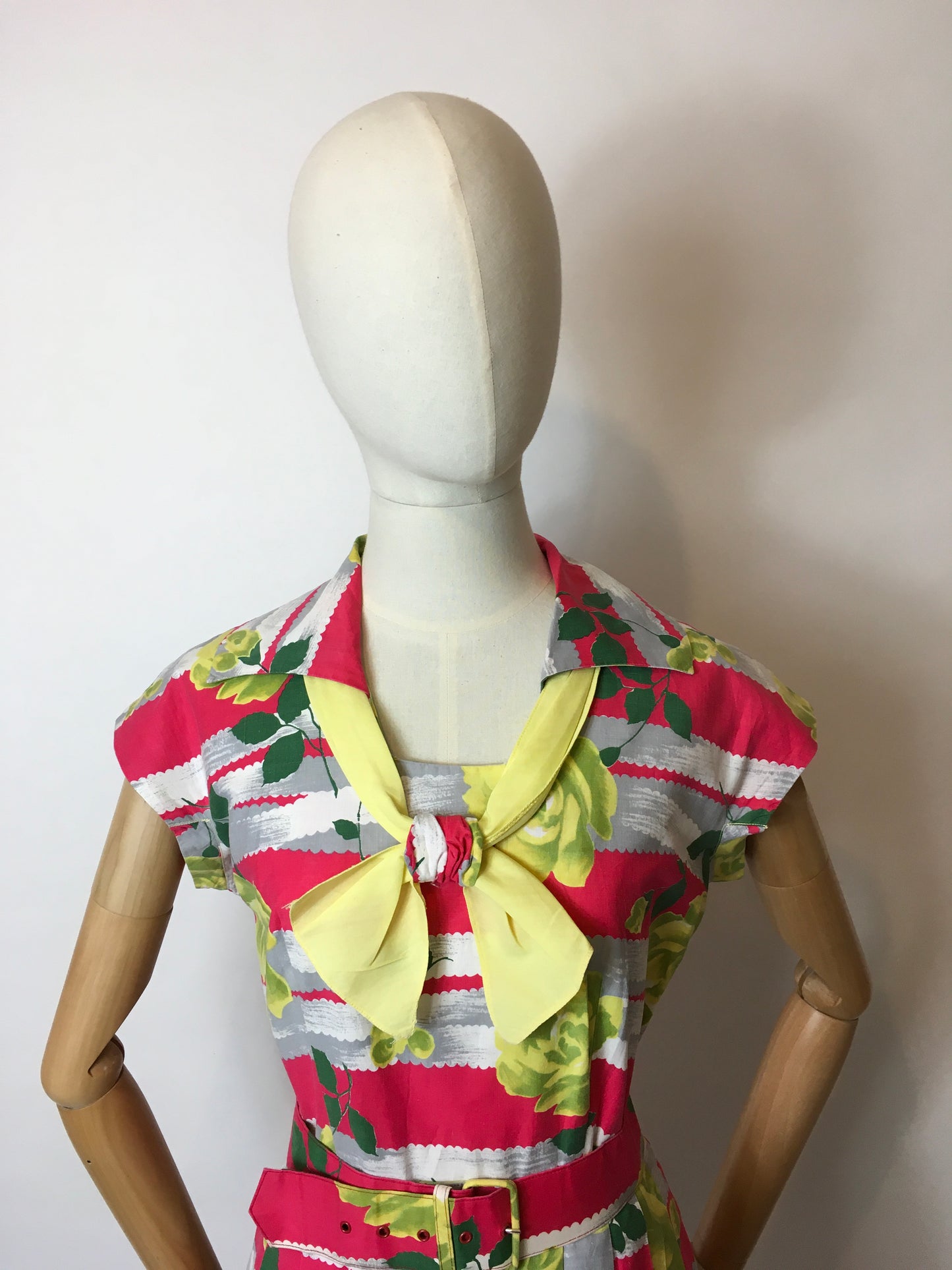 Original 1950s Cotton Day Dress - In a Fabulous Floral Cotton in Bright Pinks, Yellows & Greens