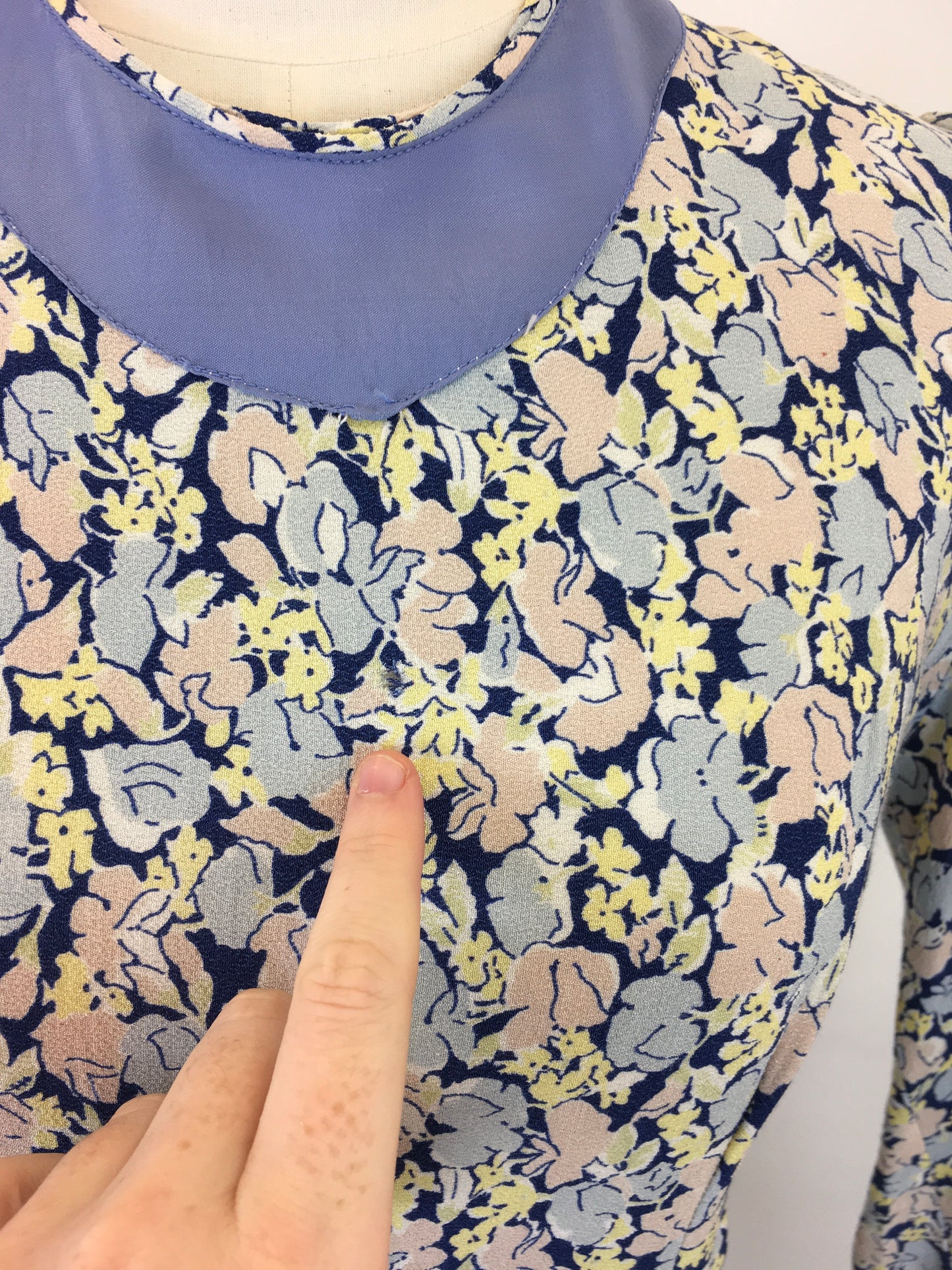 Original 1930’s Crepe Floral Day Dress - In A Pallet of Soft Pastels : Powdered Blue, Delicate Rose and Buttery Yellow