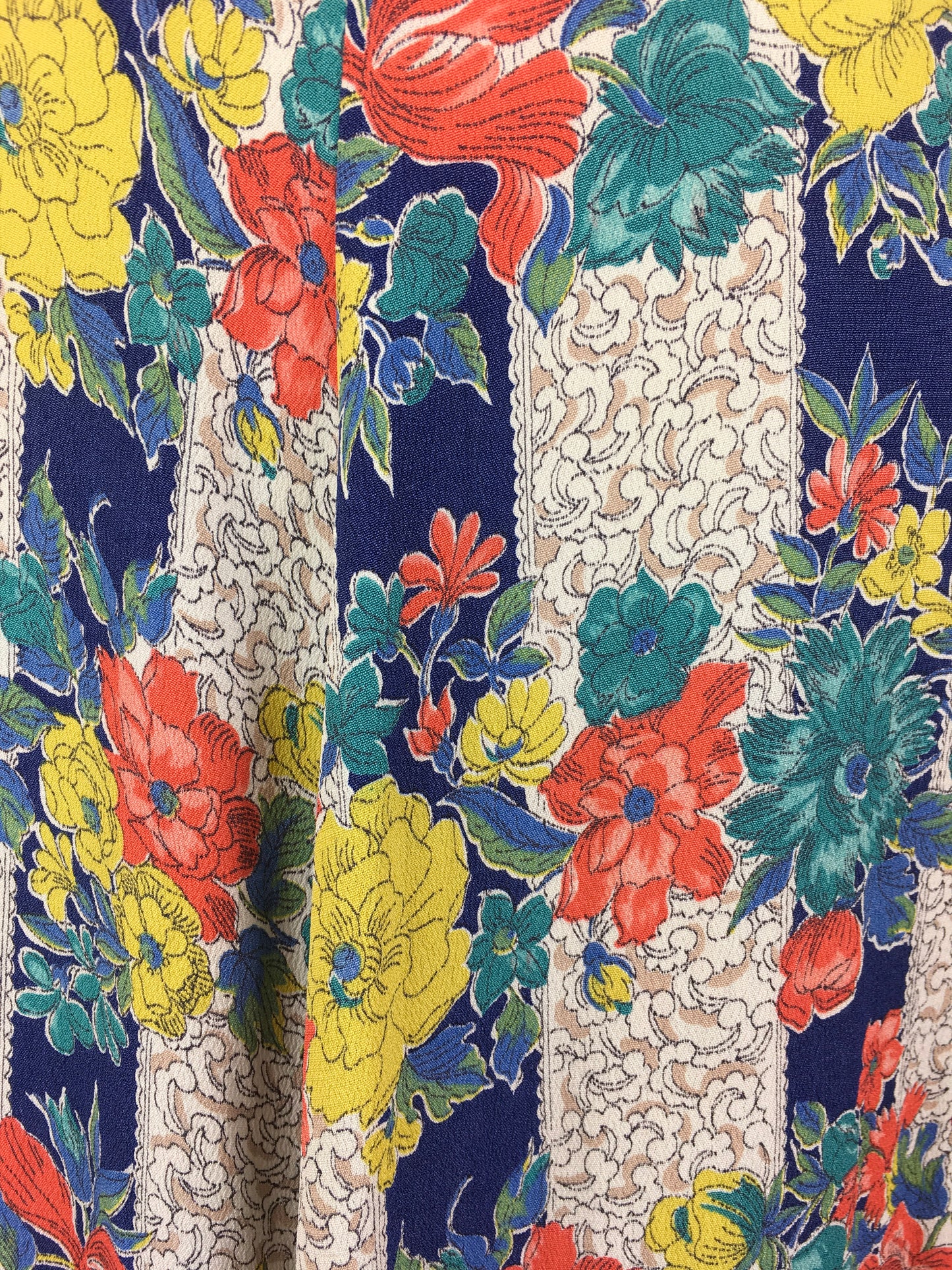 Original 1940’s STUNNING Fine Crepe Day Dress - Floral Brights in Reds, Blues, Chartreuse, Peacock and Fawns