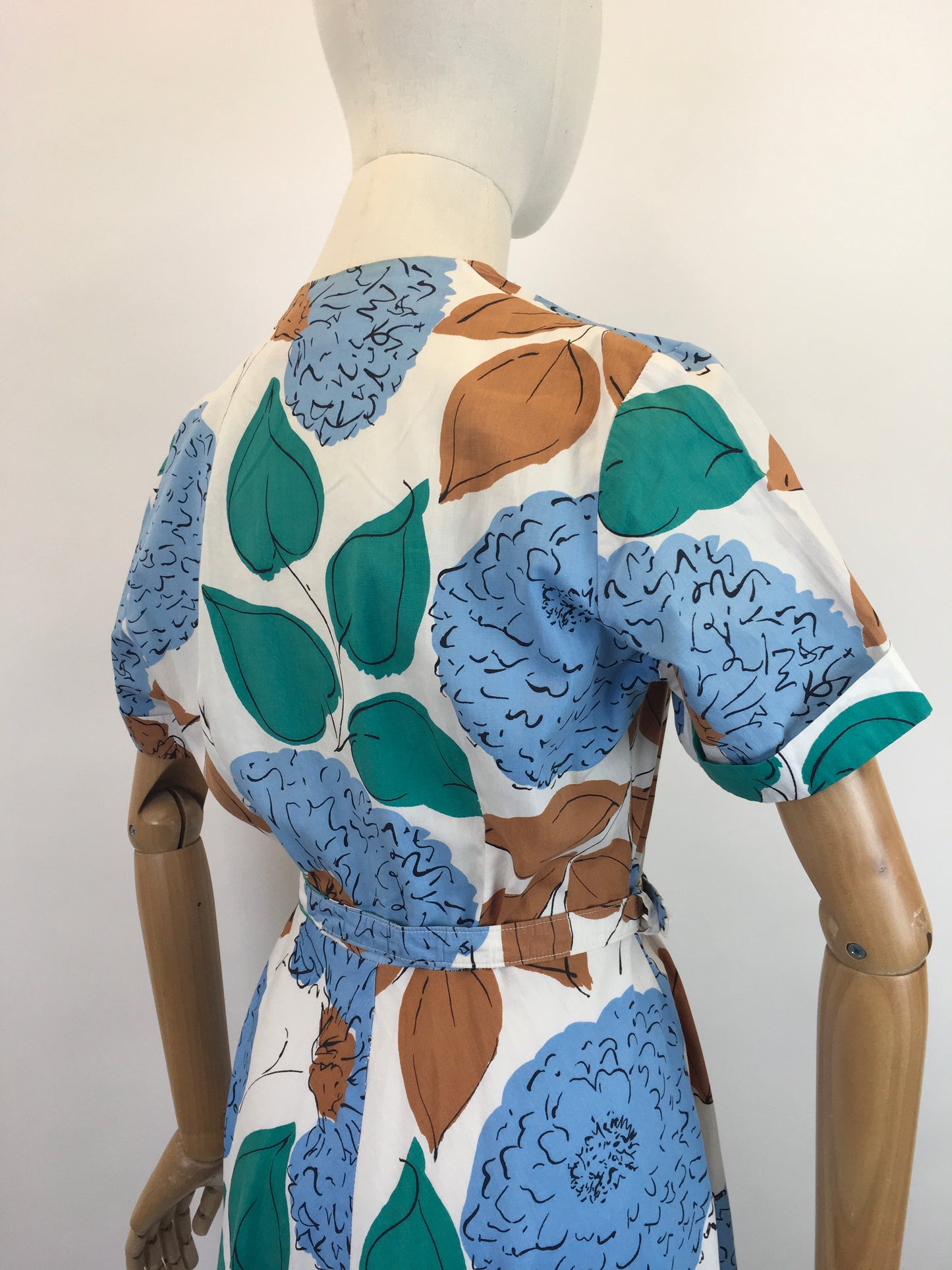 Original Late 1940’s Floral Cotton Day Dress - In Airforce Blue, Caramel Brown, Emerald on Crisp Off White