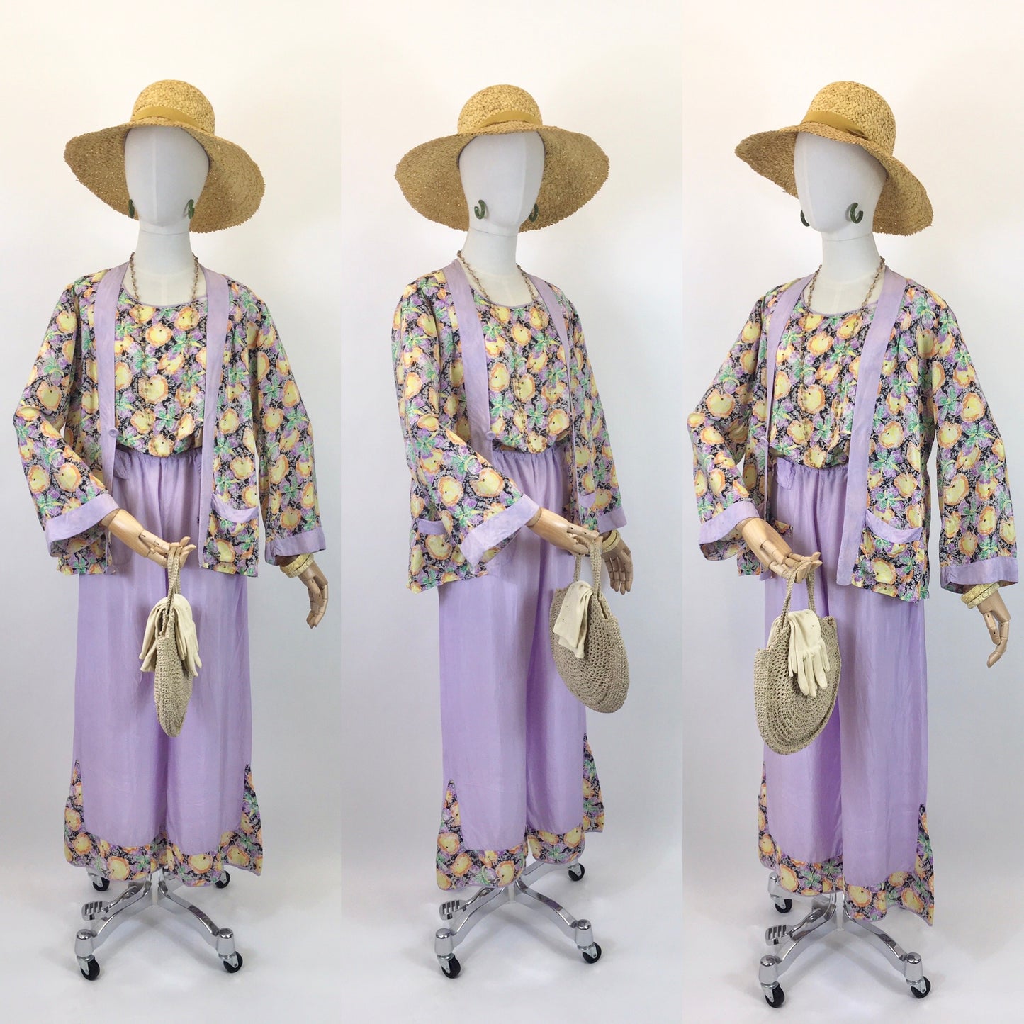 Original 1930’s Sublime 3pc Beach Pyjamas Set - In Powdered Lilac & Fruit Print Silk