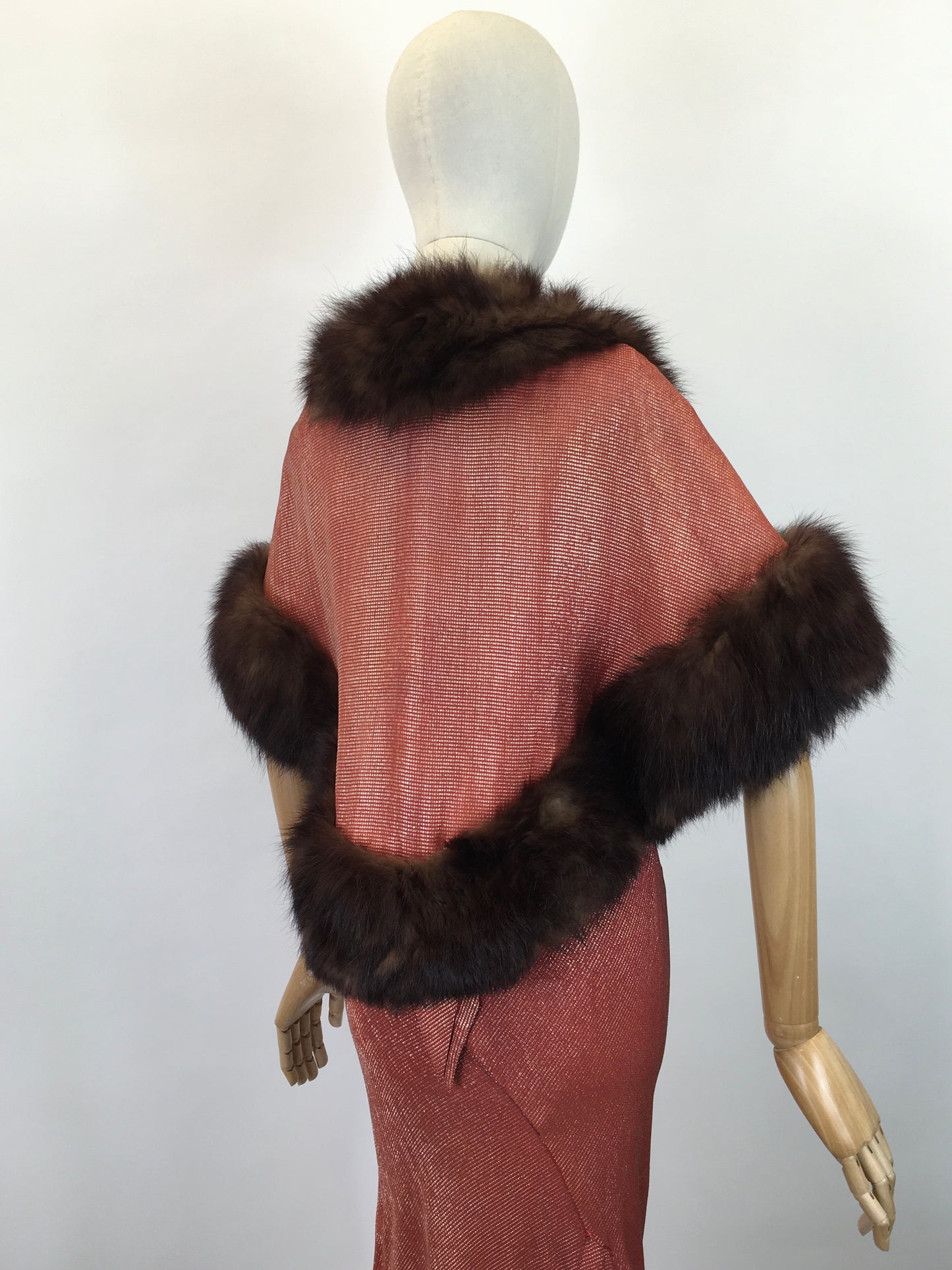 Original SENSATIONAL 1930's Evening Gown with Capelet - In Burnt Orange and Gold Lame with Rabbit Fur Trim