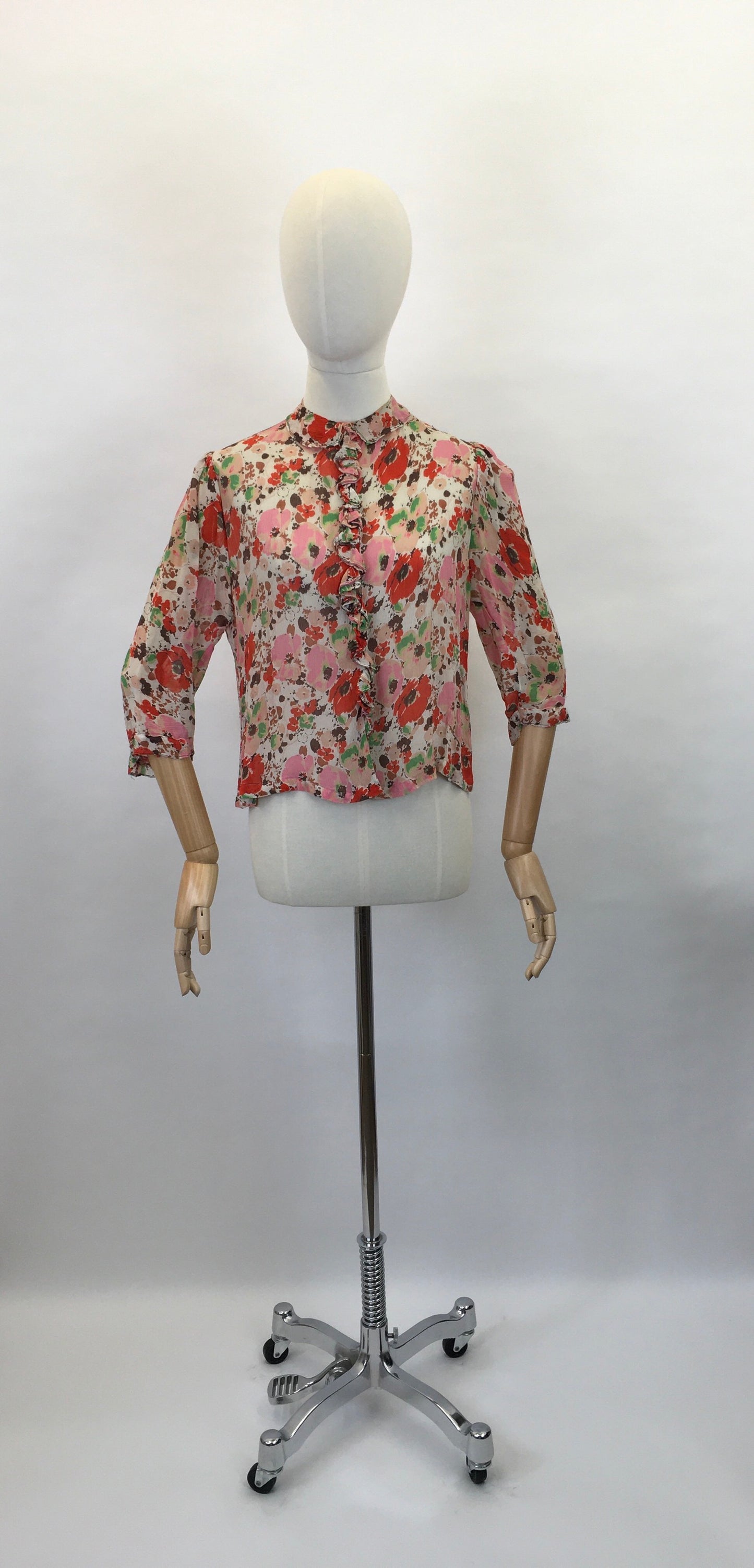Original 1930s Floral Chiffon Blouse - Exquisite Colour Pallet Of An English Floral Meadow