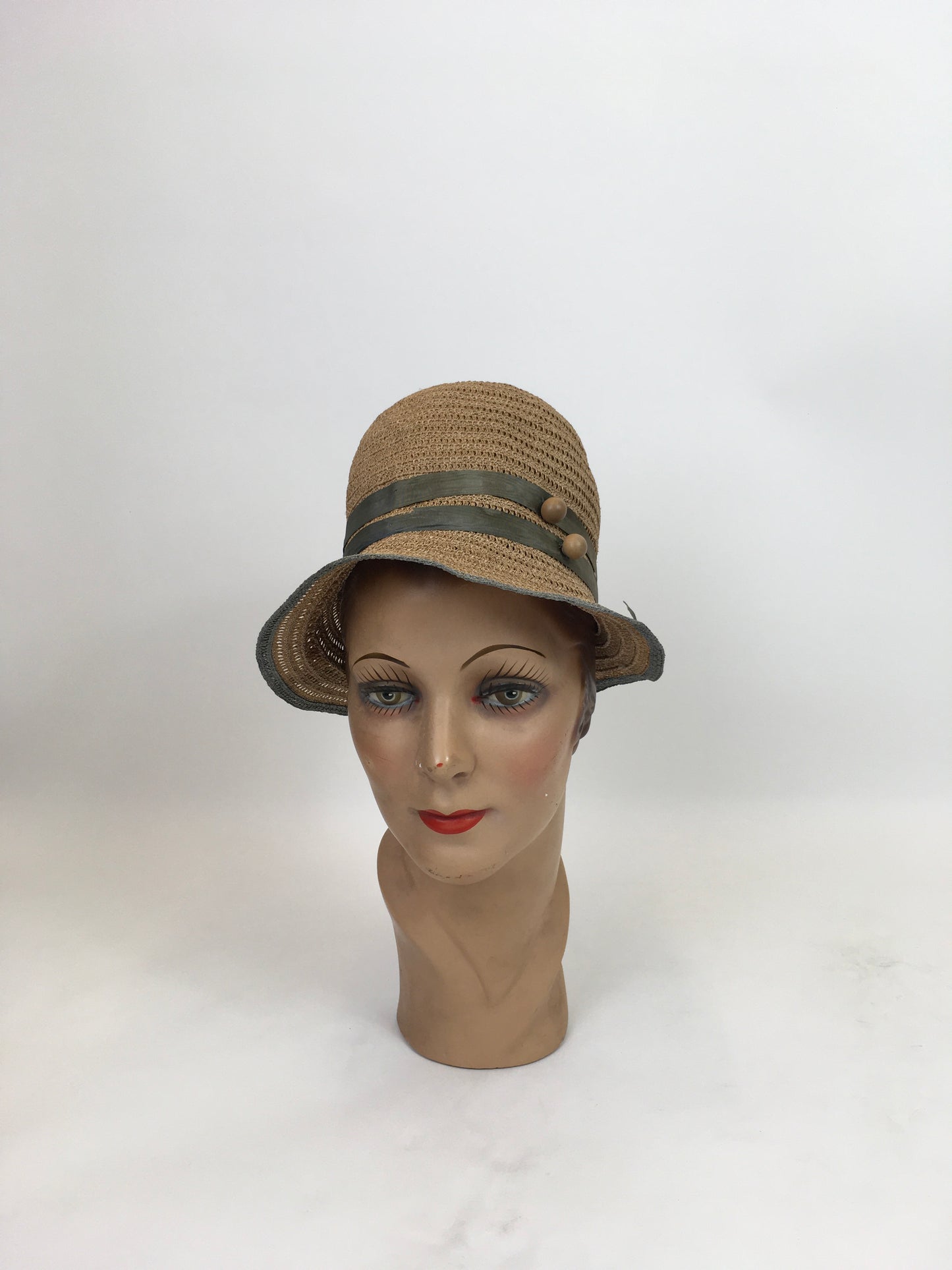 Original 1920's Sublime Natural Sisal Cloche - With Duck Egg Blue Trim and Wooden Ball Embellishment